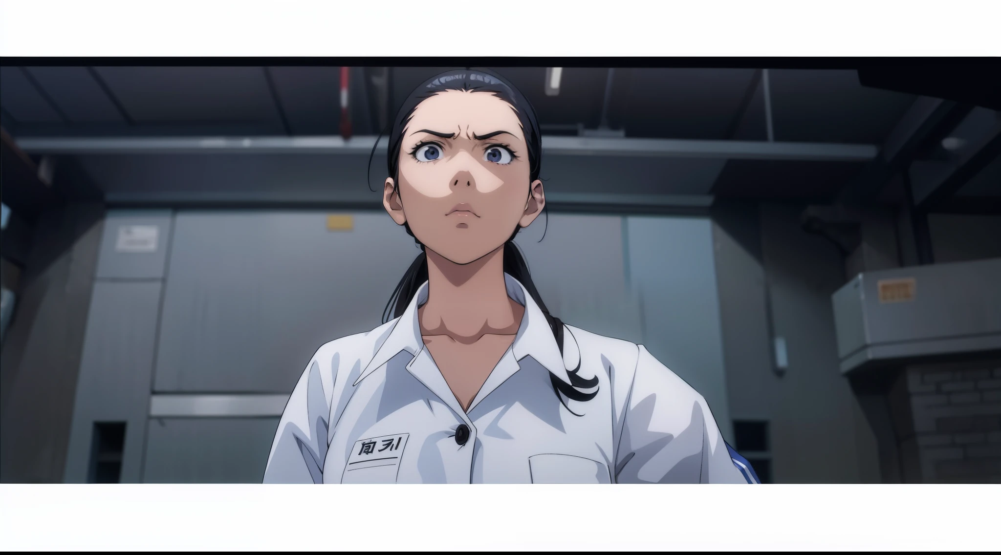 Anime scene, girl in highschool uniform, serious face looking up, black hair
