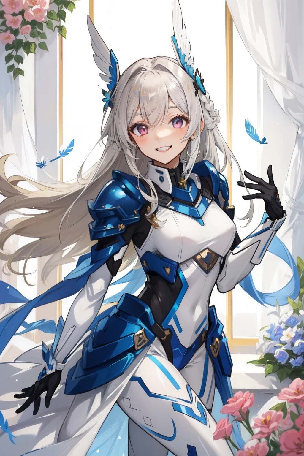 (​master piece, Best Quality),  Intricate details, valkyrie, kawaii, Happy smile, (((Laugh))), Hand up, Looking at Viewer, Feather Headgear, Flower meadow, 
1 girl in, Solo, Portrait, Tentacle Plutinum Blonde Hair, droopy coralpink eyes, silver single thighhigh, White Independent Single Sleeve, gloves, Single braid, 
 mecha musume, White bodysuit, Silver Reinforced Suit, Mini Feather Wing, silver pantyhose, full armor, flower decoration