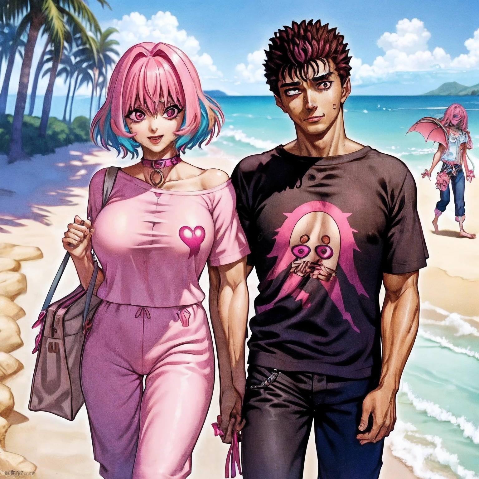 YumemiRiamu, 1girl, yumemi_riamu, naked_shirt, Skeleton_print:,guts from berserk, guts and riamu being a lovey dovey couple very affective in a beach, guts  with pants and pullover