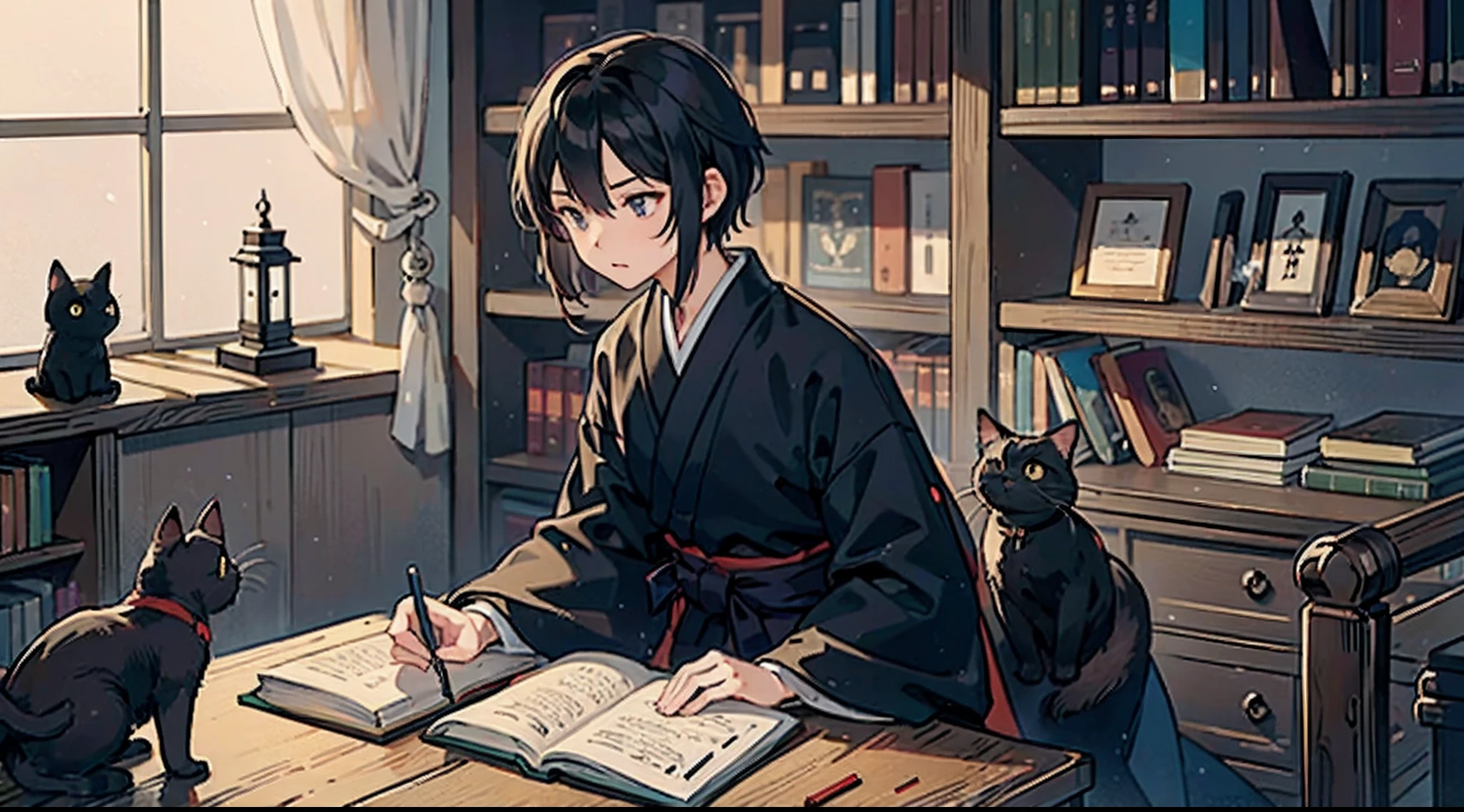 #Quality (intricate-detail、ultra-detailliert:1.2),
#night sky (darkness of night,no light),
#one writing boy (16 male、writer,Honor Students、A dark-haired、short-hair、hakama,sit flat),
#black room at night (no light,black cat,books on desk,one candle,pretty tatami,a lot of books,bookshelf)