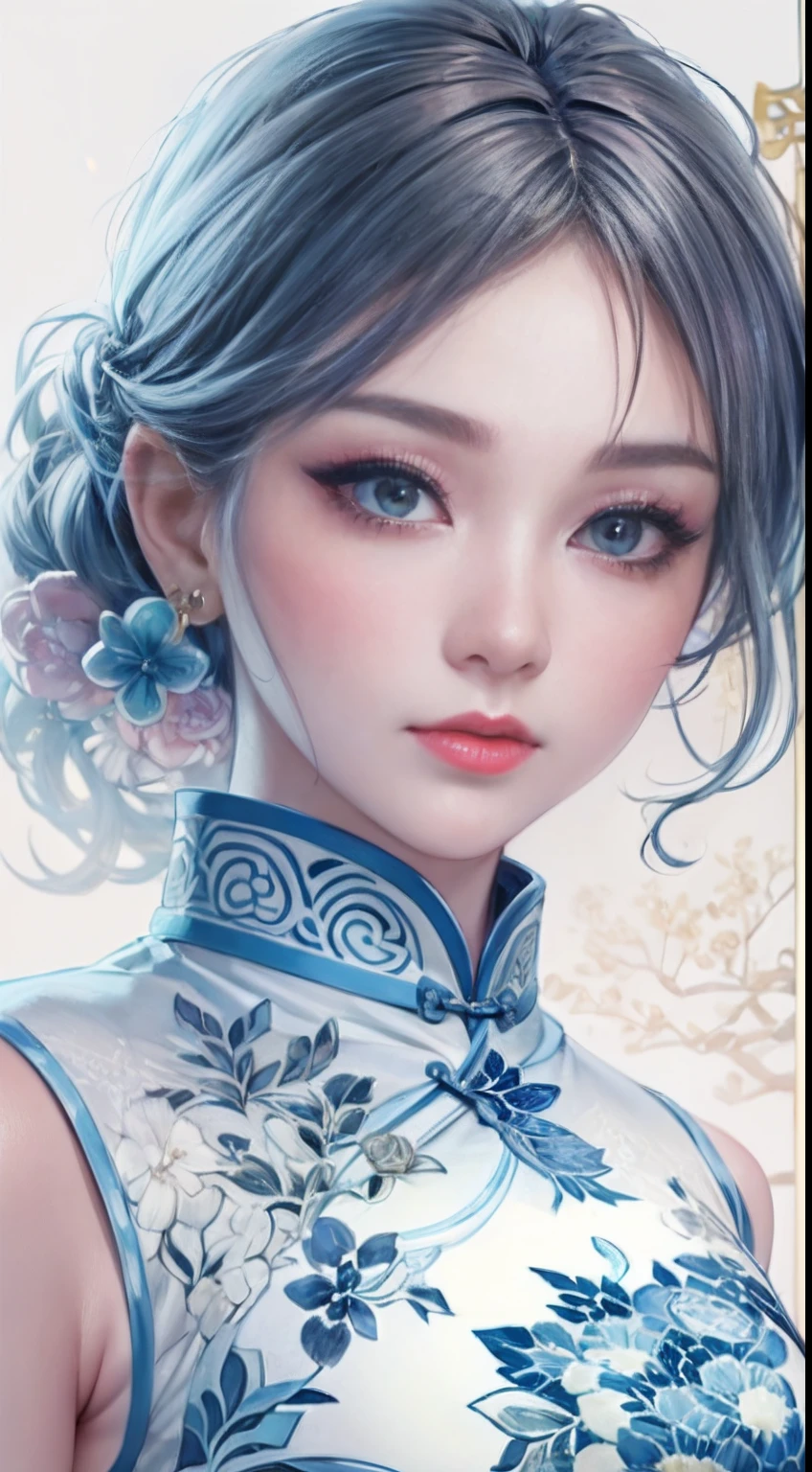 1 Blue and white porcelain girl,on cheongsam,anatomy correct,Delicate pattern,Oriental elements,Ink painting style, Clean colors,White background, Soft lighting, ( Bokeh),Masterpiece, Super detailed, Epic composition, Highest quality, 4K,