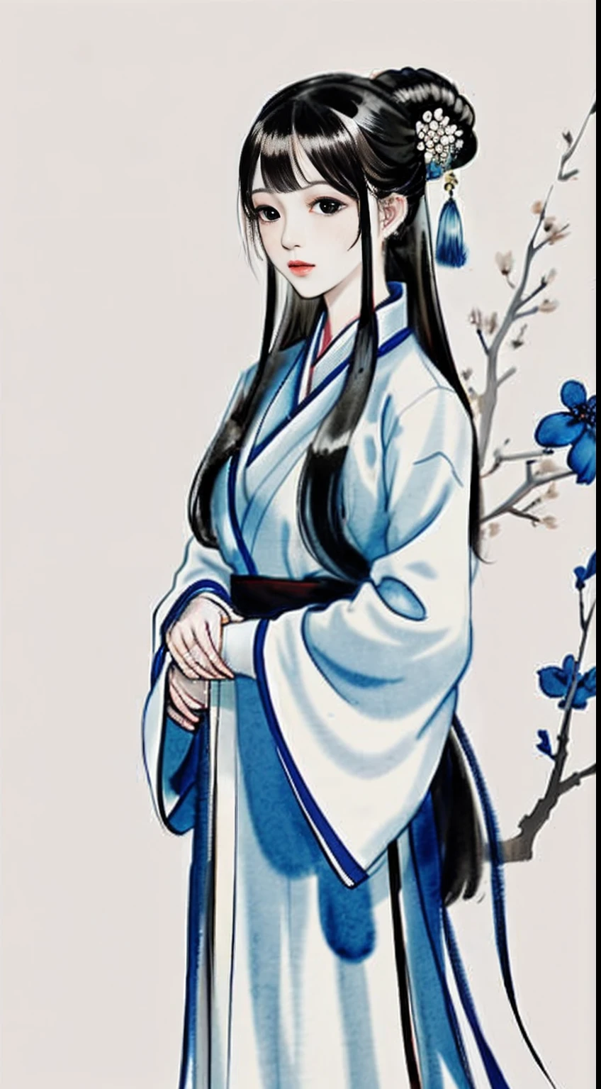 Mono Color, Ink sketch, 1girll,Blue and white porcelain,long whitr hair, Floating hair, Hanfu, Chinese clothes, longer sleeves, (abstract ink splash:1.2), white backgrounid,Traditional Chinese Ink Painting, Traditional Chinese art, author:Guo Xi, author:Ma Yuanyu, Traditional Chinese painting, author:Xu Xi, author:Luo Mu, author:Yang Buzhi, author:Li Kelan, author:Gu An, Ink painting ) ) ) ), Chinese ink painting, Chinese painting style
