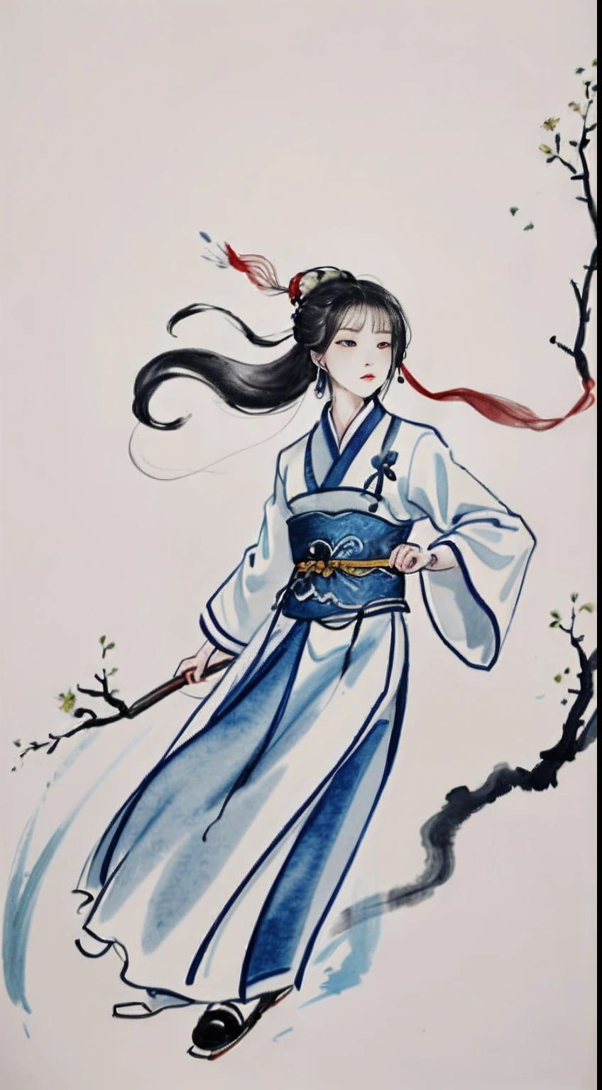 zydink, Mono Color, Ink sketch, 1boy, Asian people (shoun), Blue and white porcelain, looking at viewert, long whitr hair, Floating hair, Hanfu, Chinese clothes, longer sleeves, (abstract ink splash:1.2), white backgrounid,Traditional Chinese Ink Painting, Traditional Chinese art, author:Guo Xi, author:Ma Yuanyu, Traditional Chinese painting, author:Xu Xi, author:Luo Mu, author:Yang Buzhi, author:Li Kelan, author:Gu An, Ink painting ) ) ) ), Chinese ink painting, Chinese painting style