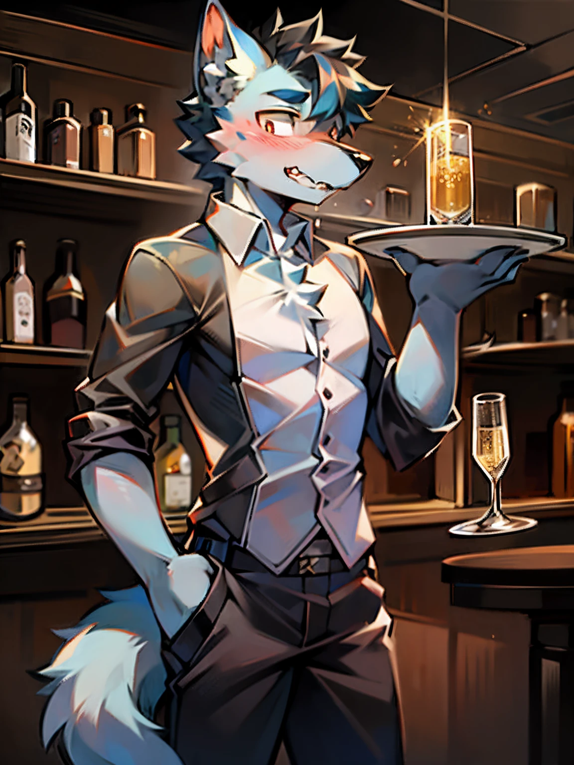 eyes with brightness, in a panoramic view，Character focus，Full body like，独奏,solo person， Correct human anatomy。male people，Furry male wolf（Dragon and wolf combined），eyes blue，Gray skin，，Libido boy，in the bar，stand posture，Bartender uniform，Tray in hand，Champagne on a tray，drools，Shy，exhilarated，expecting，clever，Young style，height of one meter seven，Handsome and cute， There is a wolf tail，k hd，8K，1440*2048