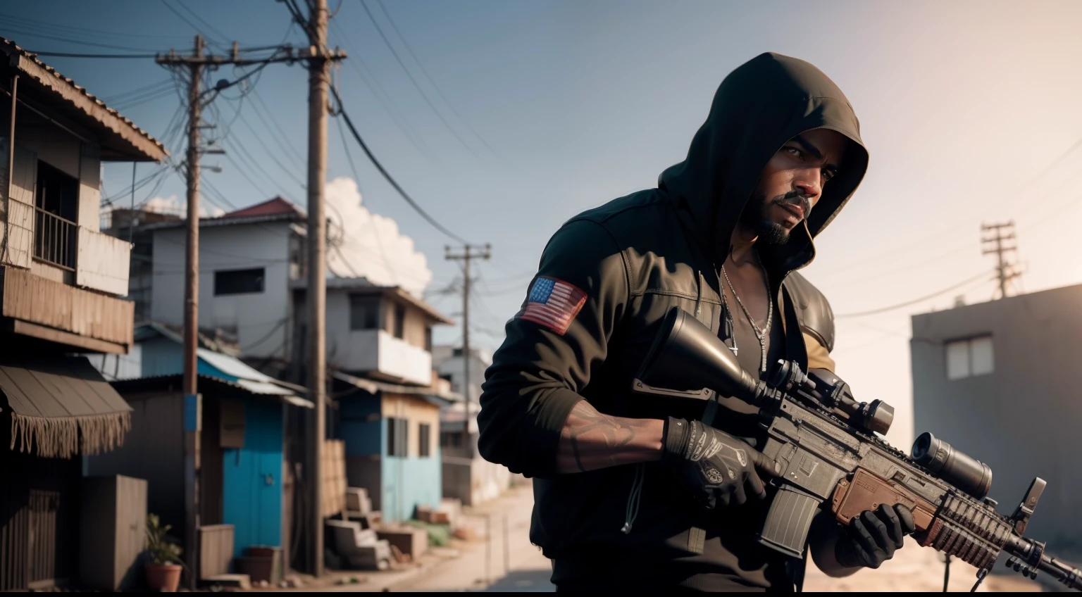 Homen negro, de balaclava,com favela estilo brasileira ao lado ,favela,favela brasil