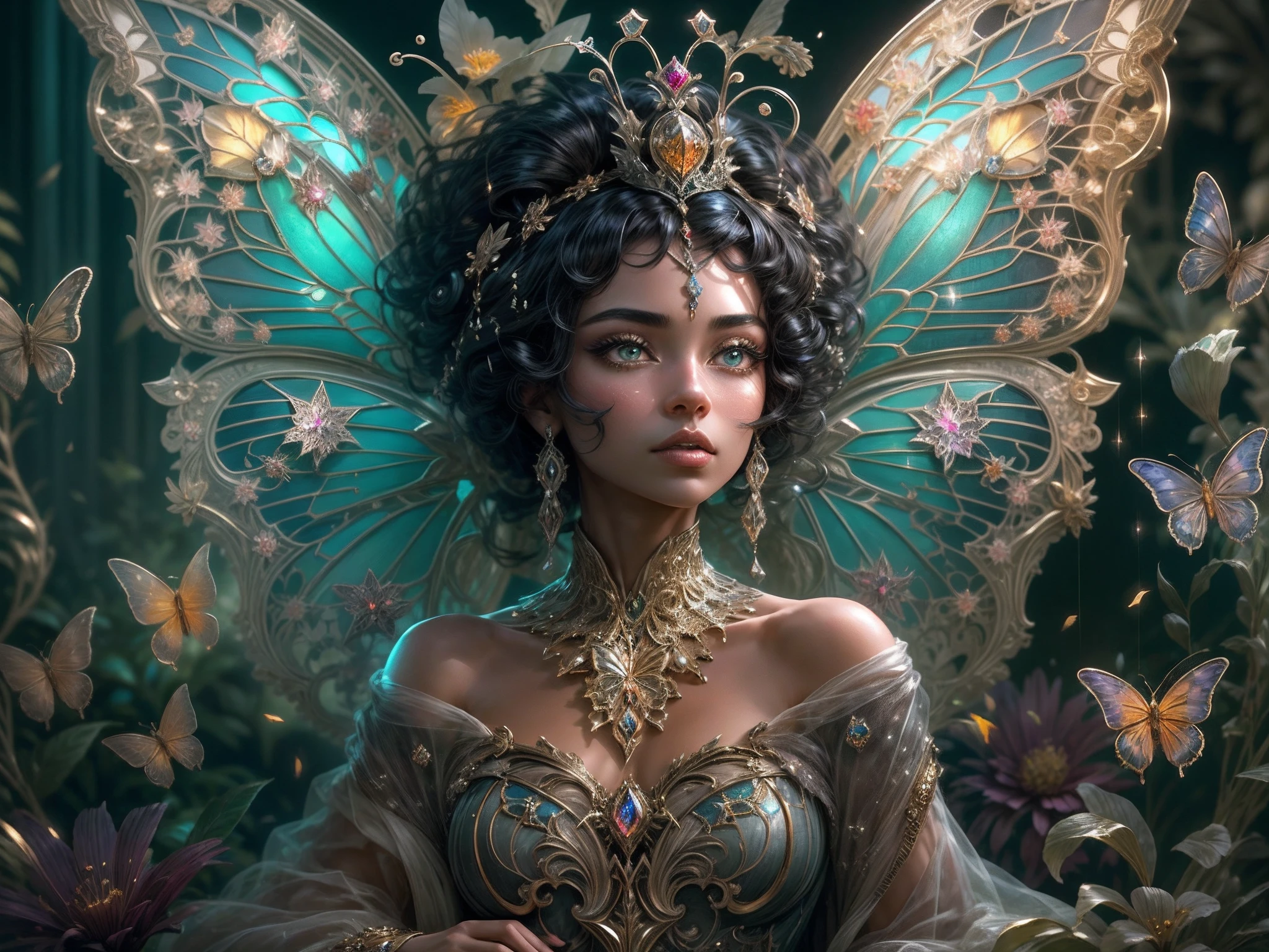 This is a realistic fantasy masterpiece with lots of shimmer, glitter, and intricate ornate detail. Generate one petite woman with a beautiful and delicate crown sitting on a garden swing at night. She is a beautiful and seductive butterfly queen with stunning curly black hair, (((incredibly realistic and detailed dynamic eyes in bright colors with realistic shading))).  Her skin is translucent white, her eyes sparkle, and her dress is elegant. Her dress is spun of the finest gossamer silk with delicate, intricate, and subtle floral detailing and gold silk butterfly sleeves. Her face is lovely and lonely. Include glow-in-the-dark flowers, lots of particles, highly realistic fantasy butteflies with translucent jewel-toned wings and fine detailing, and glow. The artwork is done in the style of Guviz and brings to mind masters in the genre such as trending fantasy works on Artstation and Midjourney. Camera: Utilize dynamic composition techniques to emphasize etherealness and delicate detail.