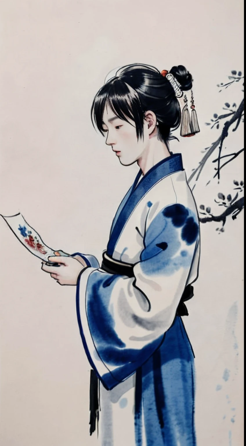 zydink, Mono Color, Ink sketch, 1boy, Asian people (shoun), Blue and white porcelain, looking at viewert, long whitr hair, Floating hair, Hanfu, Chinese clothes, longer sleeves, (abstract ink splash:1.2), white backgrounid,Traditional Chinese Ink Painting, Traditional Chinese art, author:Guo Xi, author:Ma Yuanyu, Traditional Chinese painting, author:Xu Xi, author:Luo Mu, author:Yang Buzhi, author:Li Kelan, author:Gu An, Ink painting ) ) ) ), Chinese ink painting, Chinese painting style