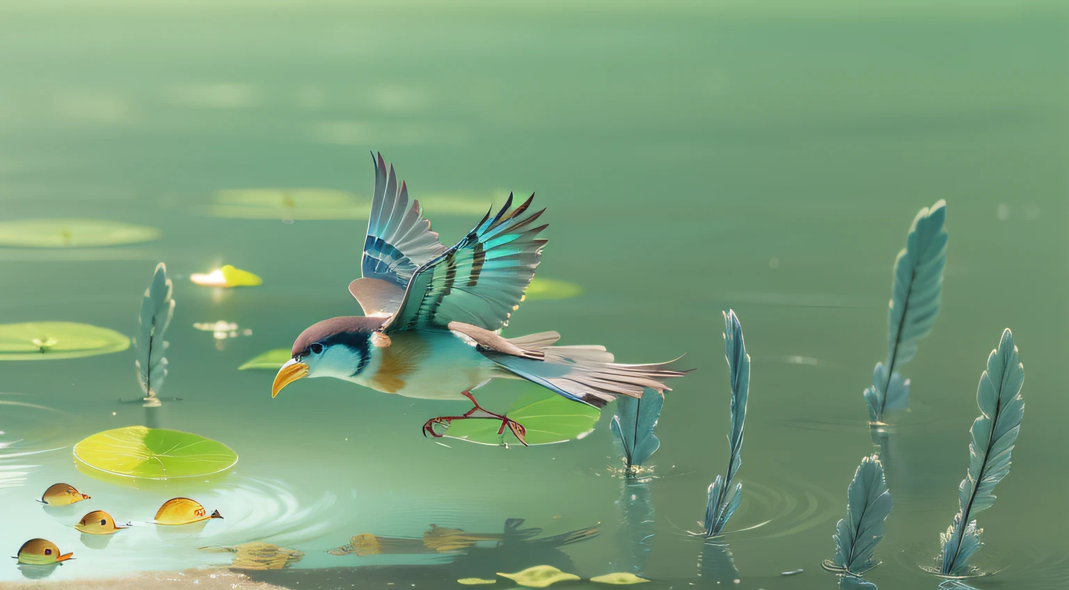 Birds and fish，One in the air，One in the water，There is water in between，The picture is bright