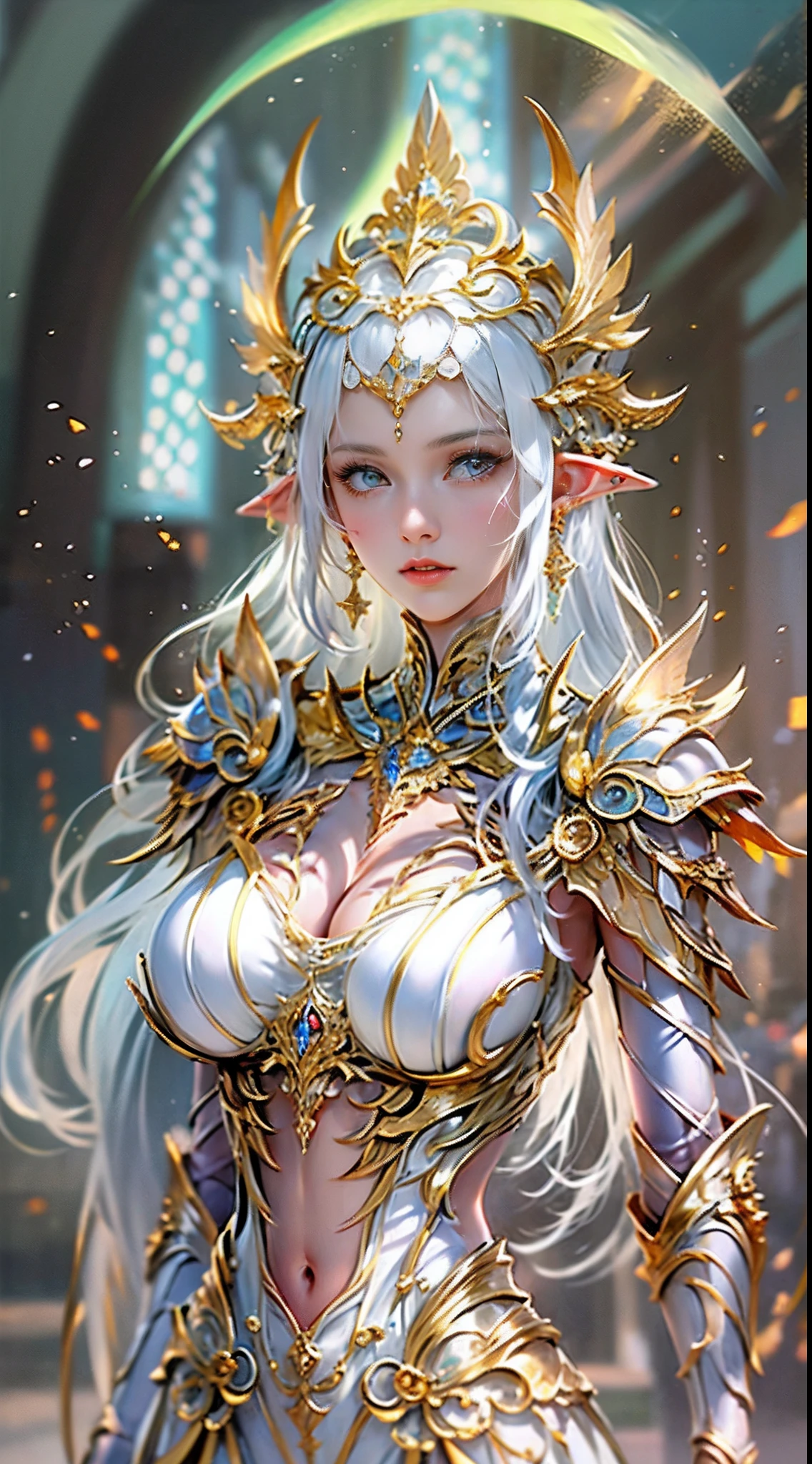 Elven woman in a golden transparent dress,view the viewer,(((Huge breasts, Large cleavage))),Slim waist,(navel baring,Bare waist), Long shapeless hair, Ultra-detailed, Zhenyi station, detailed fantasy art, Stunning character art, Beautiful and exquisite character art, Beautiful gold and silver armor, Extremely detailed, Elf Girl in shiny armor, Exquisite tiaras and jewelry,Crystal jewelry filigree, milky ways, Stunning visuals, (dynamic streaks, light tracks:1.2), Vibrant colors, elven city background.