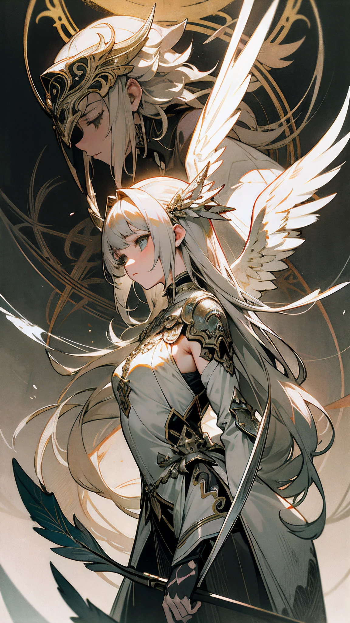 1girl in, 独奏, offcial art, unity 8k wall paper, ultra - detailed, prettify、Aesthetic, tmasterpiece, top-quality, Photorealsitic, A female angel、one white winged、Silver armor、Helmet with feather decoration、Long steel spear、Glowing angel circle、Light magic、depth of fields, Fantastic atmosphere, calm color palette, Tranquil Mood, Soft Shading (zentangle、datura、Tangles、Tangles:0.7) abstract backgrounds、The most beautiful forms of chaos、ellegance、Dark theme designed by brutalists