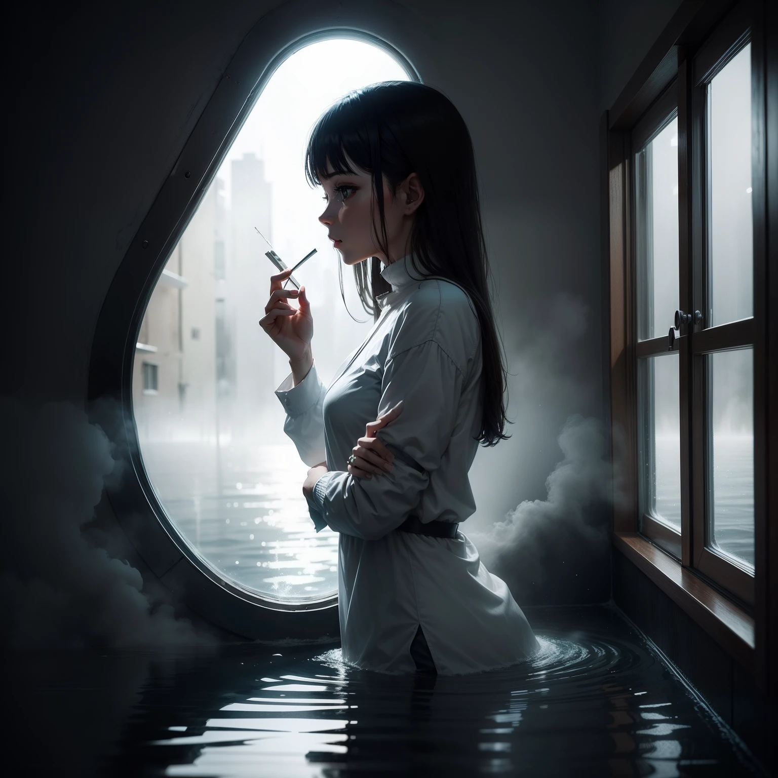 There was a woman standing in a room smoking a cigarette, Surreal photo, surreal portrait photography, Surreal photography, surreal water art, water manipulation photoshop, dramatic smoking pose, surrealist photography, smoking a cigarette in the rain, cyril rolando and goro fujita, water art manipulation, realistic fantasy photography, in the style of Cyril Rolando, lofi portrait at a window