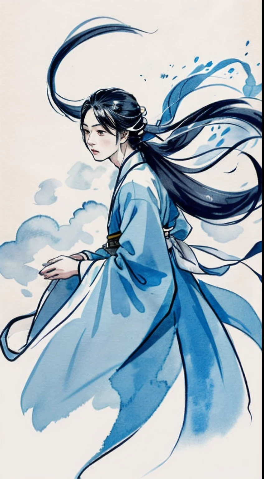 zydink, Mono Color, Ink sketch, 1boy, Asian people (shoun), Blue and white porcelain, looking at viewert, long whitr hair, Floating hair, Hanfu, Chinese clothes, longer sleeves, (abstract ink splash:1.2), white backgrounid