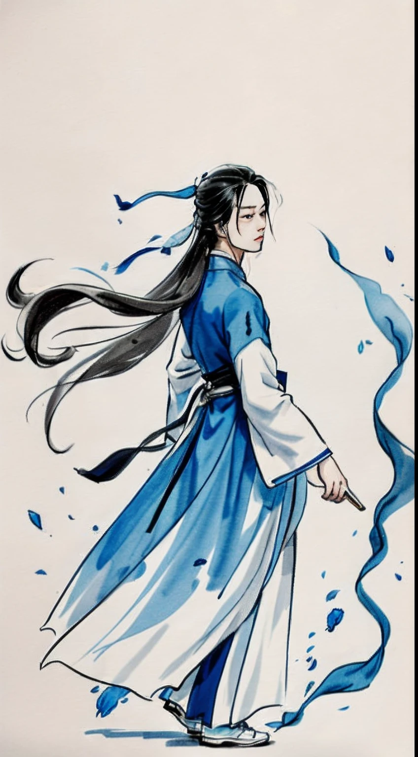 zydink， Mono Color， Ink sketch， 1boy， Asian people （shoun）， Blue and white porcelain， looking at viewert， long whitr hair， Floating hair， Hanfu， Chinese clothes， longer sleeves， （abstract ink splash：1.2）， white backgrounid