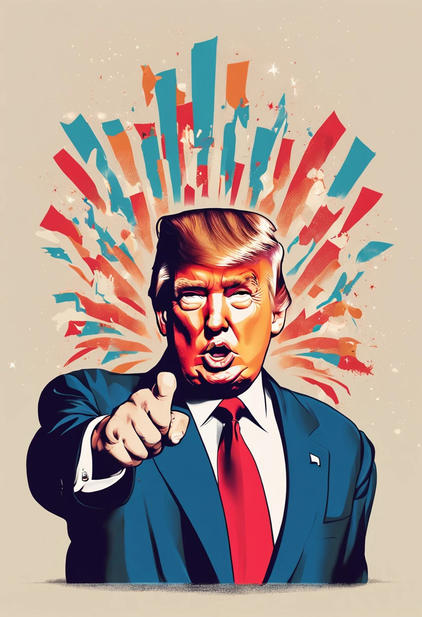 Donald Trump Facing the World and giving it the finger, with fireworks exploding in background