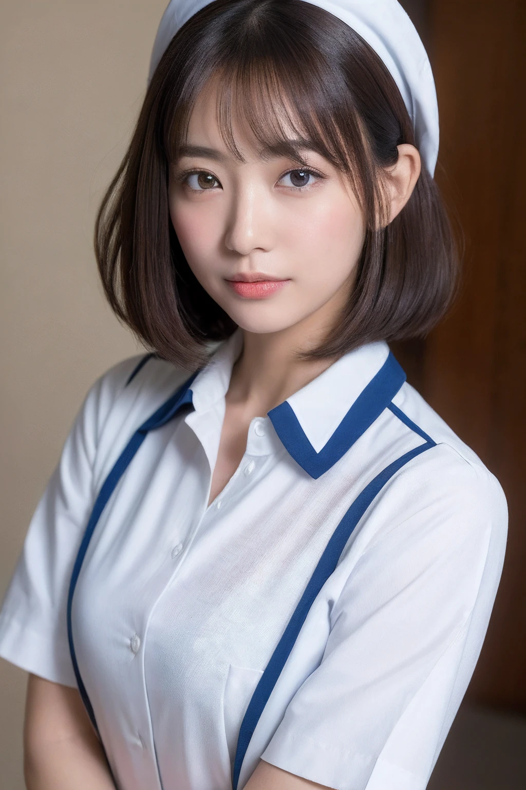 (top-quality、8k、32k、masterpiece、UHD:1.2)、Photo of a cute Japanese woman、 1 人、(Medium short dark brown hair)、(huge tit)、二重まぶた、White nurse uniform、Little White Nurse (caps) 、White shirt、open-shirt、full bodyesbian、A sexy