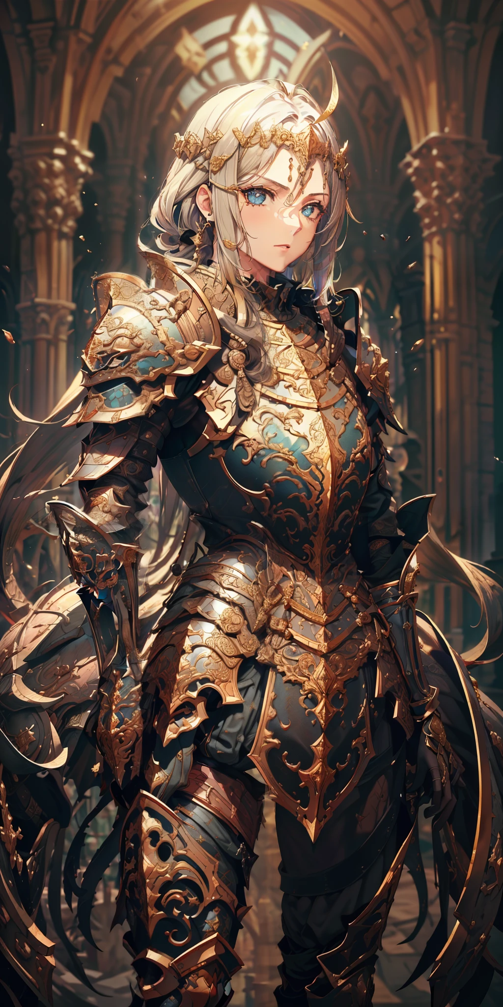 (Full plate Gothic armor, breastplate, capa vermelha, saia de prato longo, ), Olhos vibrantes detalhados, perfect features, (master part), (best quality:1.4), detalhes intrincados, moist skin, pele brilhante, pele brilhante, (master part, best quality, boa qualidade:1.4), detalhes intrincados, (Antecedentes detalhados, Cidade medieval, blue skies), (Cinematic lighting, best ilumination, Colouring), (1girl, sozinho, Menina elfa, olhos vermelhos brilhantes, short braided hair, Cabelos prateados, Rio de Janeiro_Ouvidos, Sharp face, serious face, thicc_coxas, bunda grande, quadril muito largo, seios pequenos, olhar severo, corpo magro, perfect hand, alto, ornamento de cabelo dourado), hands crossed, Olhando para o Viewer
