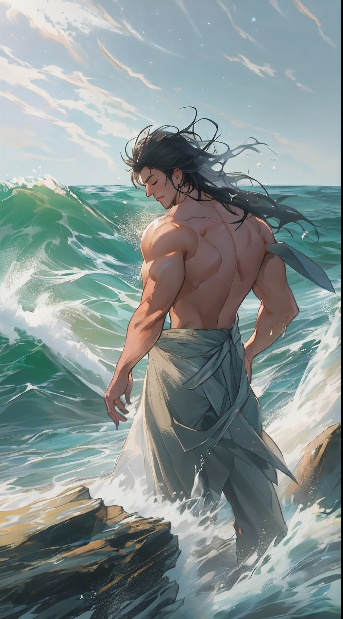 (Beautiful muscular face man with long face, abs and pecs, thick arms and legs, long black hair, beach, 8K, very high quality detailed animated illustration), (detailed background, beautiful sea and pleasant breeze), (Sharp, dynamic angle: 1.0),