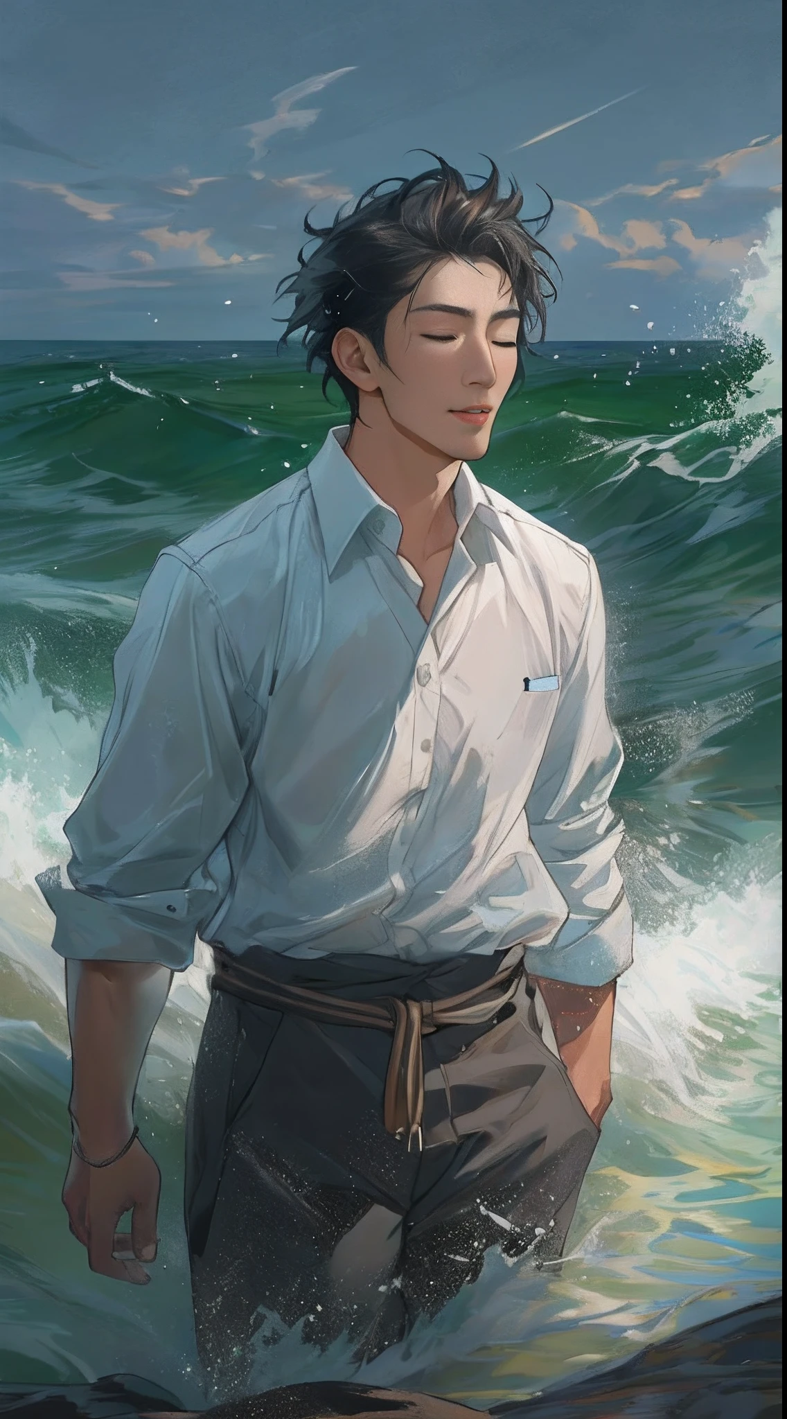 A tall, handsome man standing by the sea, sunlight on his face, wind blowing through his hair. The waves crashing against the rocks, splashing water filled with the salty smell of the sea. The man closes his eyes and licks his lips, as if he can taste the sea water, ,in the style of the stars art group xing xing, 32k, best quality, masterpiece, super detail, high details