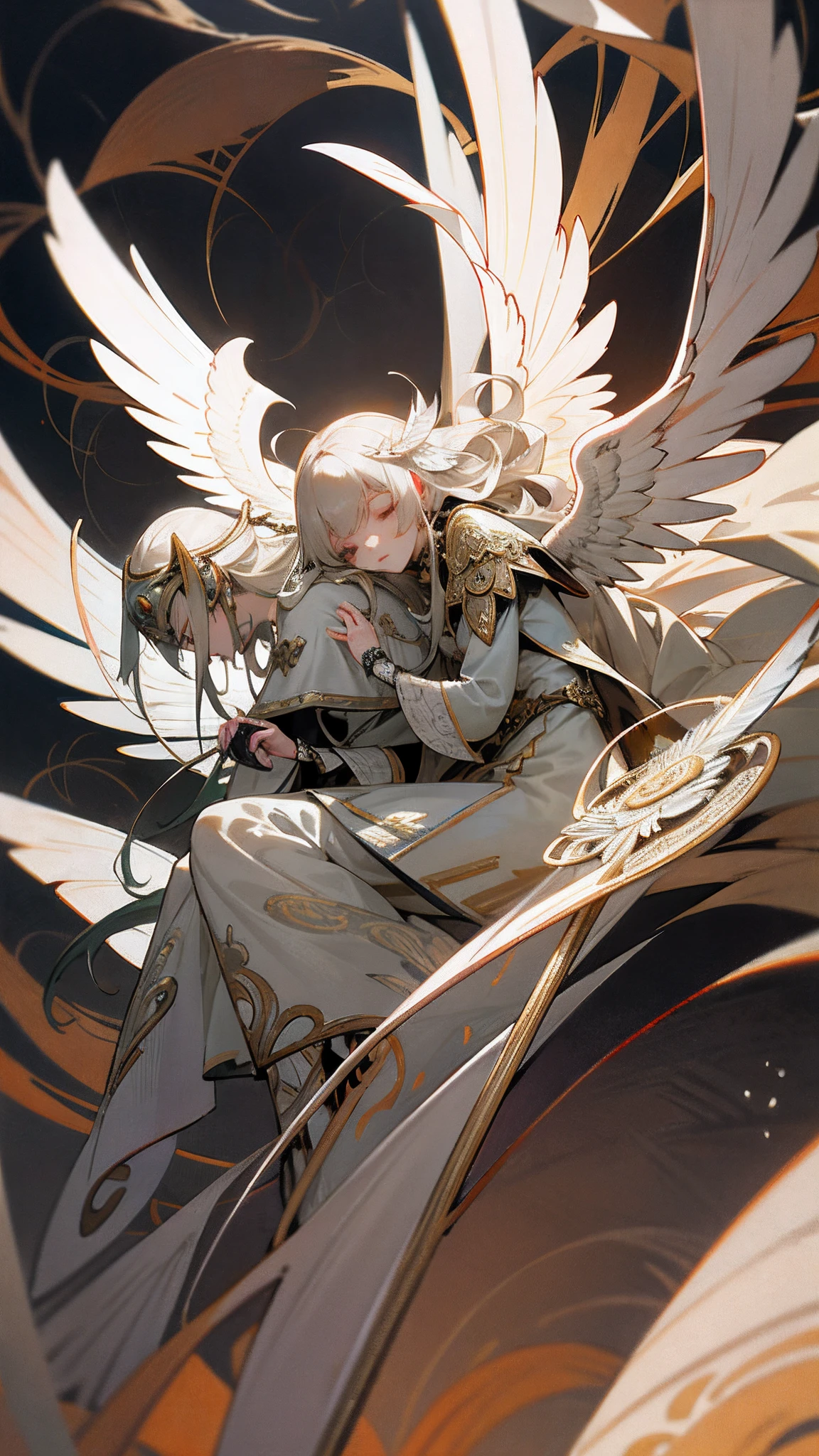 1girl in, 独奏, offcial art, unity 8k wall paper, ultra - detailed, prettify、Aesthetic, tmasterpiece, top-quality, Photorealsitic, A female angel、one white winged、Silver armor、Helmet with feather decoration、Long steel spear、Glowing angel circle、Light magic、depth of fields, Fantastic atmosphere, calm color palette, Tranquil Mood, Soft Shading (zentangle、datura、Tangles、Tangles:0.7) abstract backgrounds、The most beautiful forms of chaos、ellegance、Dark theme designed by brutalists