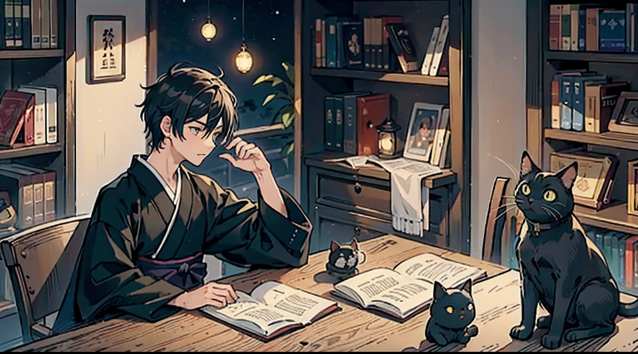 #Quality (intricate-detail、ultra-detailliert:1.2),
#night sky (darkness of night,no light),
#one writing boy ( male、writer,Honor Students、A dark-haired、short-hair、hakama,sit flat),
#black room at night (no light,black cat,books on desk,one candle,pretty tatami,a lot of books,bookshelf)