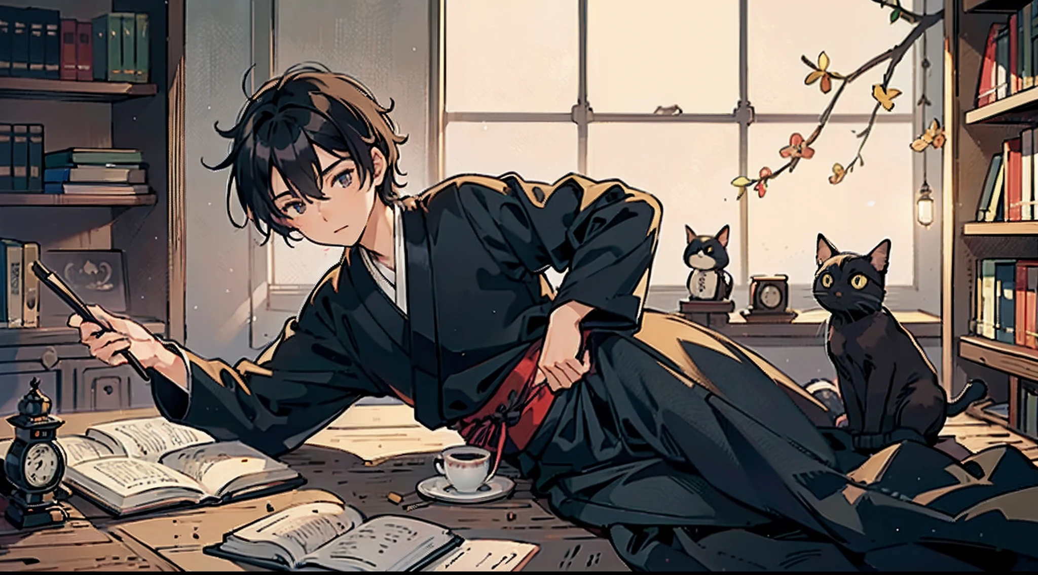 #Quality (intricate-detail、ultra-detailliert:1.2),
#night sky (darkness of night,no light),
#one writing boy (16 male、writer,Honor Students、A dark-haired、short-hair、hakama,sit flat),
#black room at night (no light,black cat,books on desk,one candle,pretty tatami,a lot of books,bookshelf)