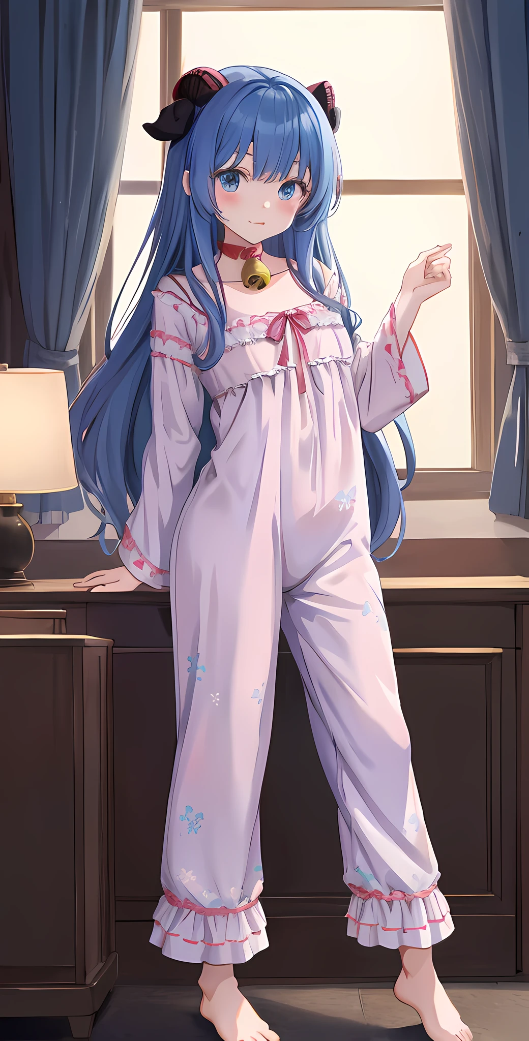 Anime characters in pajamas and holding bells in front of the window, Marin Kitagawa fanart, small curvaceous , cute anime waifu in a nice dress, anime moe art style, !!Full body portrait!!, wearing pajamas, pyjamas, lolidress, ((wearing aristocrat robe)), wearing a baggy pajamas, anime full body illustration