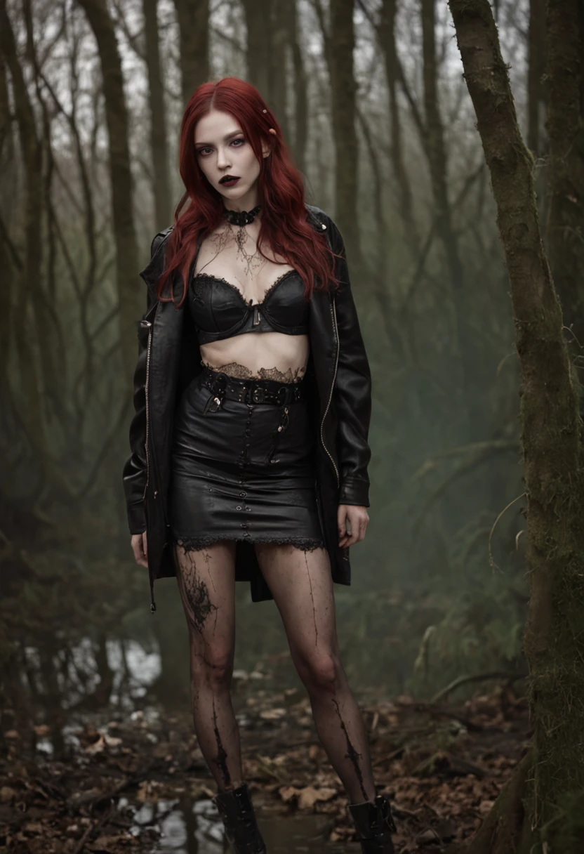 Hyper-realistic, ultradetailed, tmasterpiece. (A night in a dark forest:1.3). The woman, (Tormented by lust:1.3), (The swamp consumes her body:1.7). mini skirt, Black stockings with garters, leather jacket, black stiletto heels, (emaciated face:1.4), (dehydrated face:1.5), (outcast:1.6), Copper-red hair