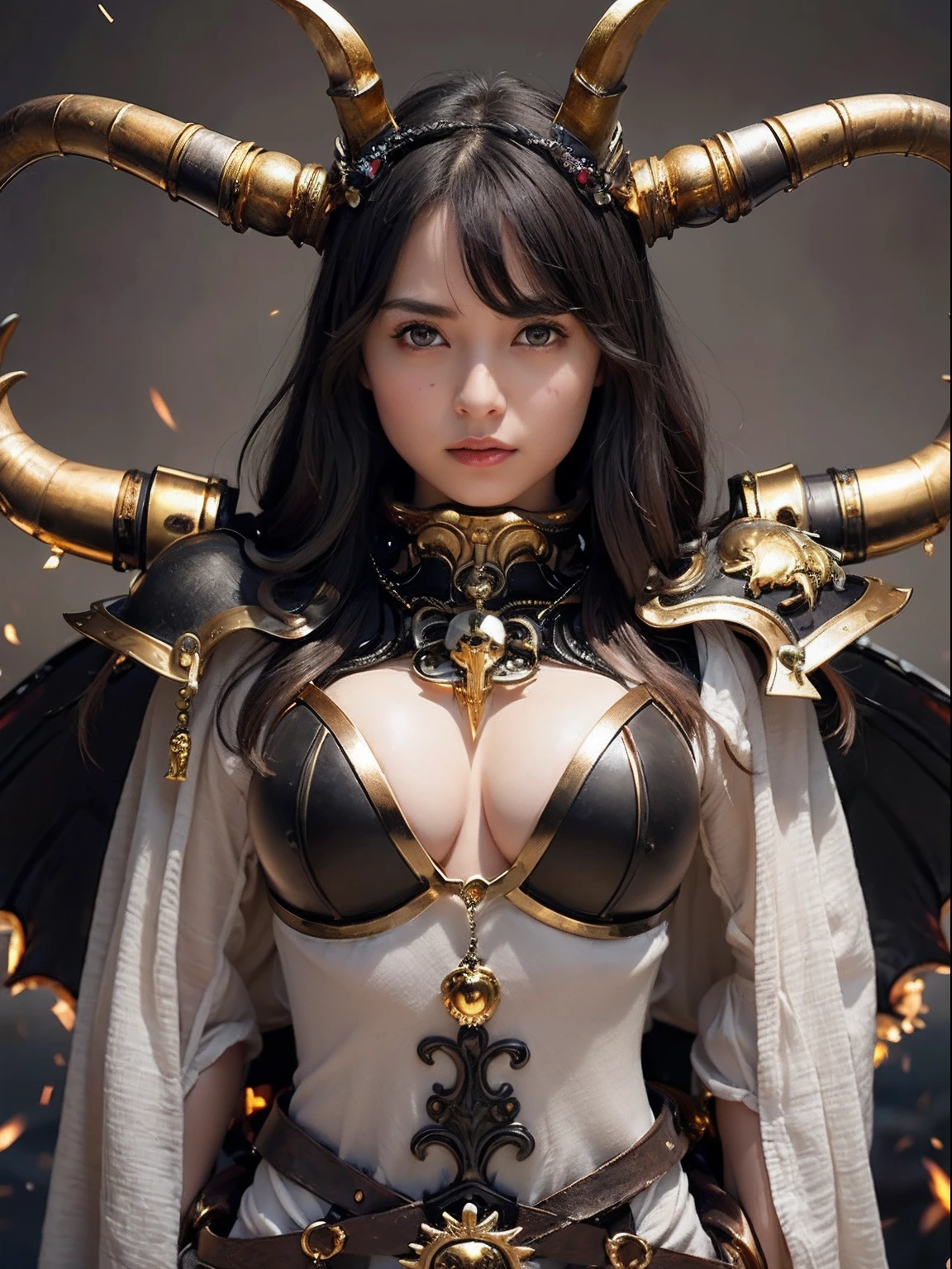 Professional , masterpiece、top-quality、photos realistic , depth of fields 、(A dark-haired) 、(Gemstone White Metal Body:1.4),(Matte Black、Jewel Gold Weapon(Jewel Metal Body:1.4),Gorgeous metal weapons ,Particles of light、(Fight dragons)、(Black wings)、(( Detailed and gorgeous sword of the brave)) ,Light Effects、intense fighting、Wind-effect、magic circles、 (A dark-haired) ,warhammer 40k ,Detail and ornate jewel crown、With the legendary magic wand、Dragon's tail、explosions、((Micro Bikini Armor))、((Gangle's forest background))、Beautiful Caucasian beauty、1a person、dynamic ungle,(((Details of the two demon horns on the head)))、Smaller head、A smile、Background inside the castle、Thin and beautiful female hands、cleavage of the breast、Soldier in iron armor on background、Mystical expression、Light Effects、Wind-effect、With the legendary magic wand、(wingspan)、Toostock、Anatomically correct body、