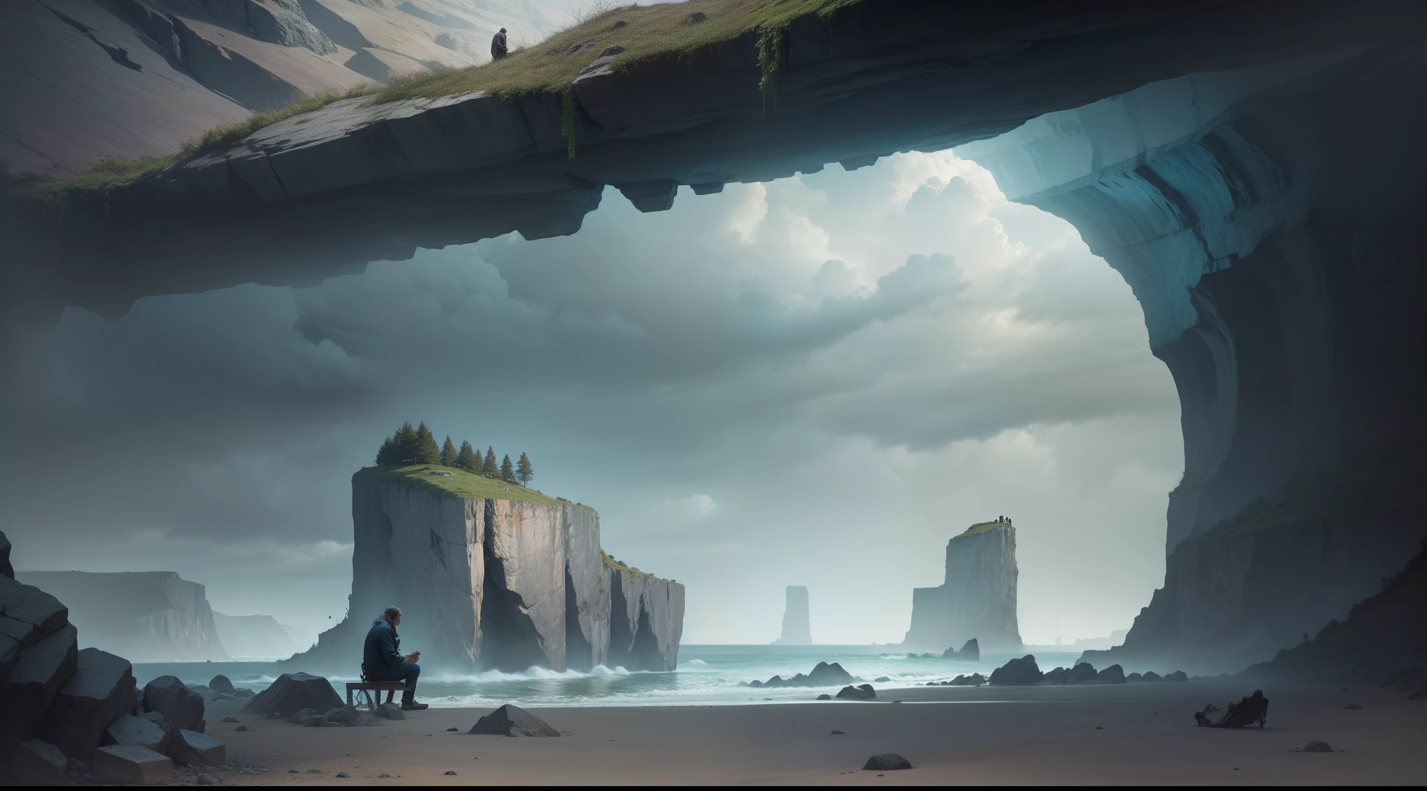 Remains of a cliff wall,A middle-aged man is located in it,down and out,helplessness,darkly,Live-action rendering