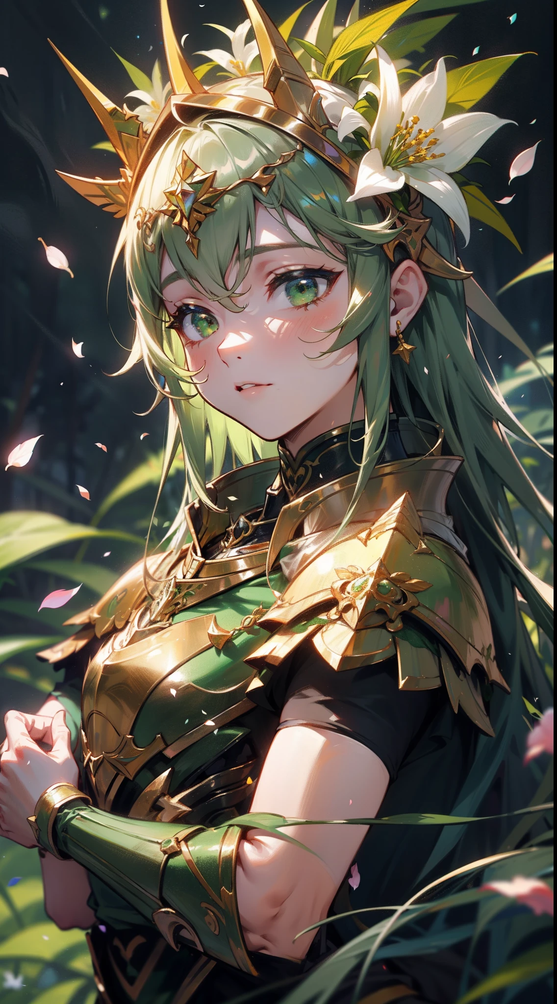Uma deusa da floresta com uma coroa de flores, wearing green colored armor dressed with flower petals and bright jewelry, em uma floresta de folhas azuis, with cosmic sky