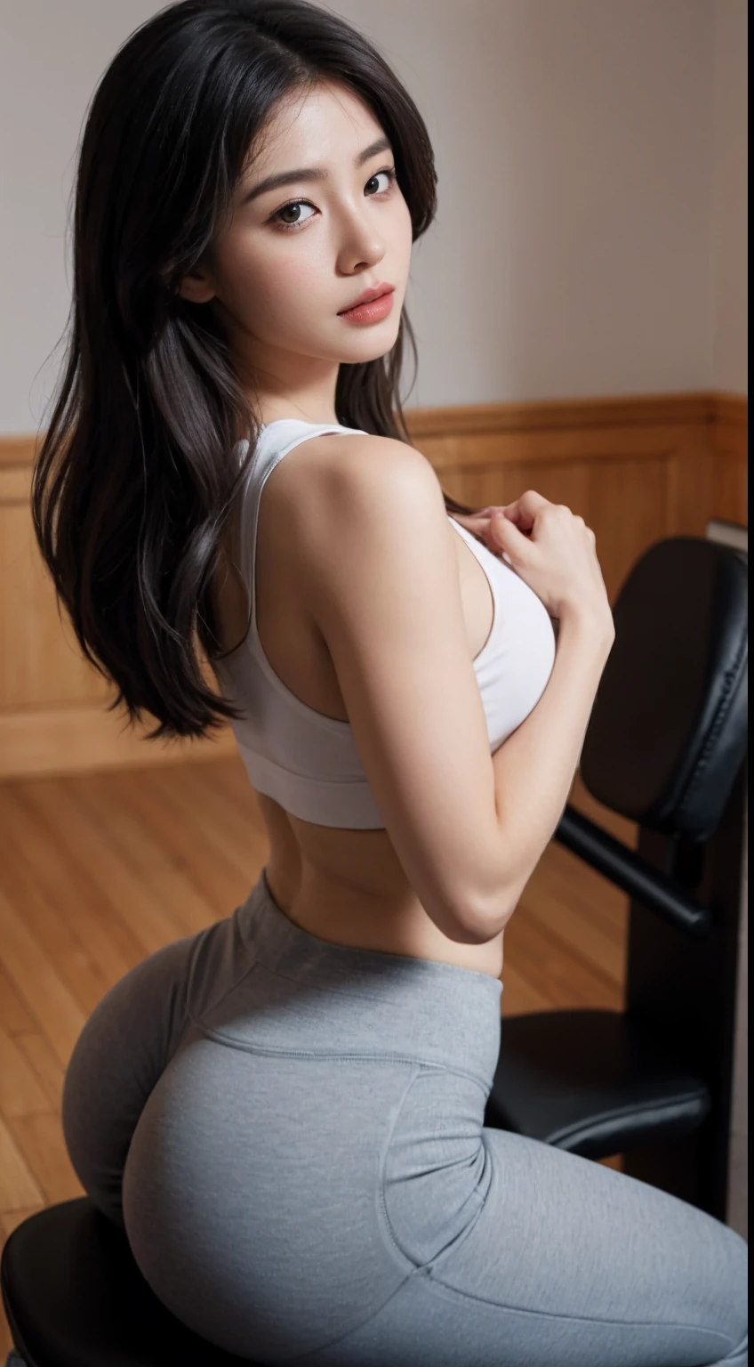 （tmasterpiece），（超高分辨率），（extremly intricate），（exquisitedetails），1girll，（Beautiful beautiful Brazilian woman），（F1.4，1/800s，ISO 100，realisticlying），l Big ass，Yoga pants big ass white mid-chest，Big ass,Exercise in a fitness chair，The breasts are at the neckline，Be red in the face，Tight yoga attire，Big buttocks，Peach buttocks，Sit Pose，in  the gym