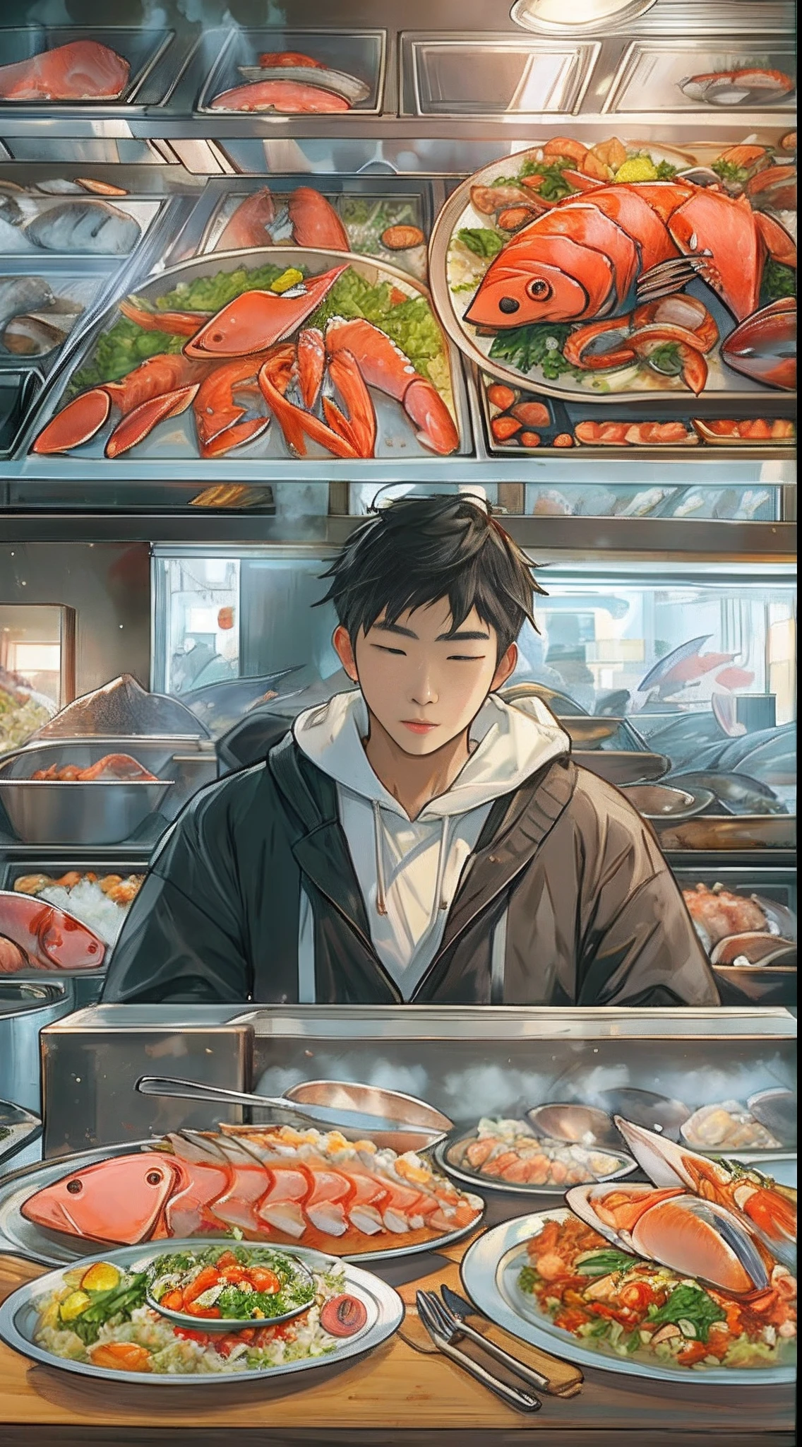 A person with a special preference for seafood stands in front of a table filled with various types of seafood. There are dishes of seafood cooked in different ways, such as braised and stir-fried, but he is only focused on the steamed seafood in one plate, which emits a tempting aroma. ,in the style of the stars art group xing xing, 32k, best quality, masterpiece, super detail, high details