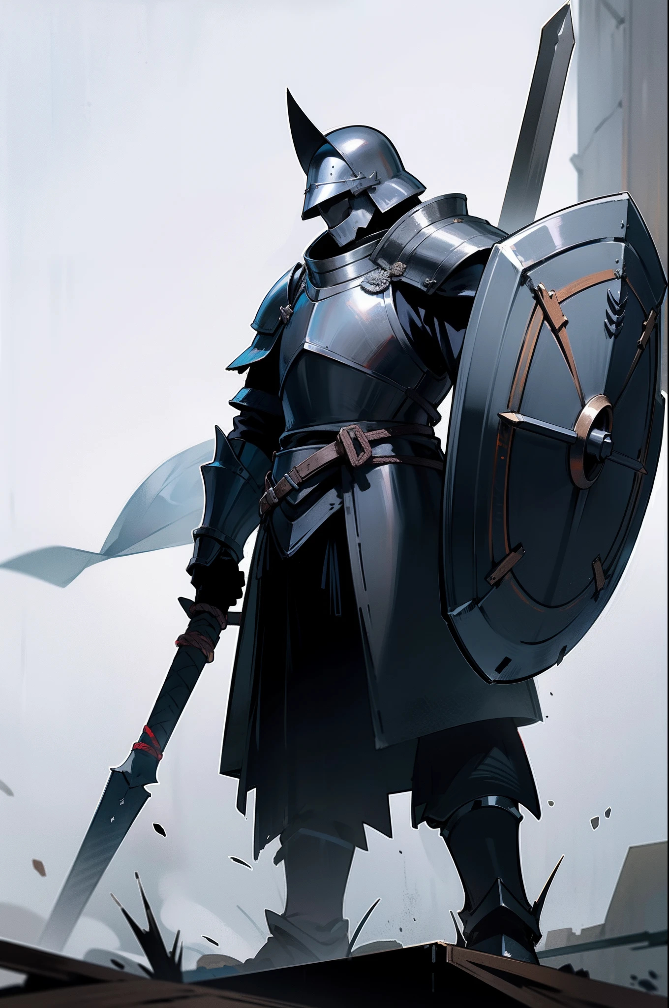 Wears heavy black armor,Wear a steel helmet,without showing face,Standing,Armed with a spear and a black shield,binh