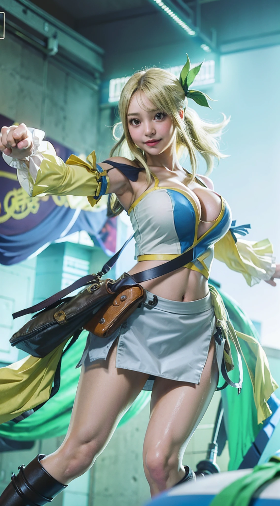 ((photorealistic,lucy2sokakaiju,1girl,large breasts,detached sleeves,cleavage,navel,skirt,miniskirt,thighhighs,bare shoulders,crop top,smile)), ((cleavage)), ((large sagging breast)),((train station)),((date))