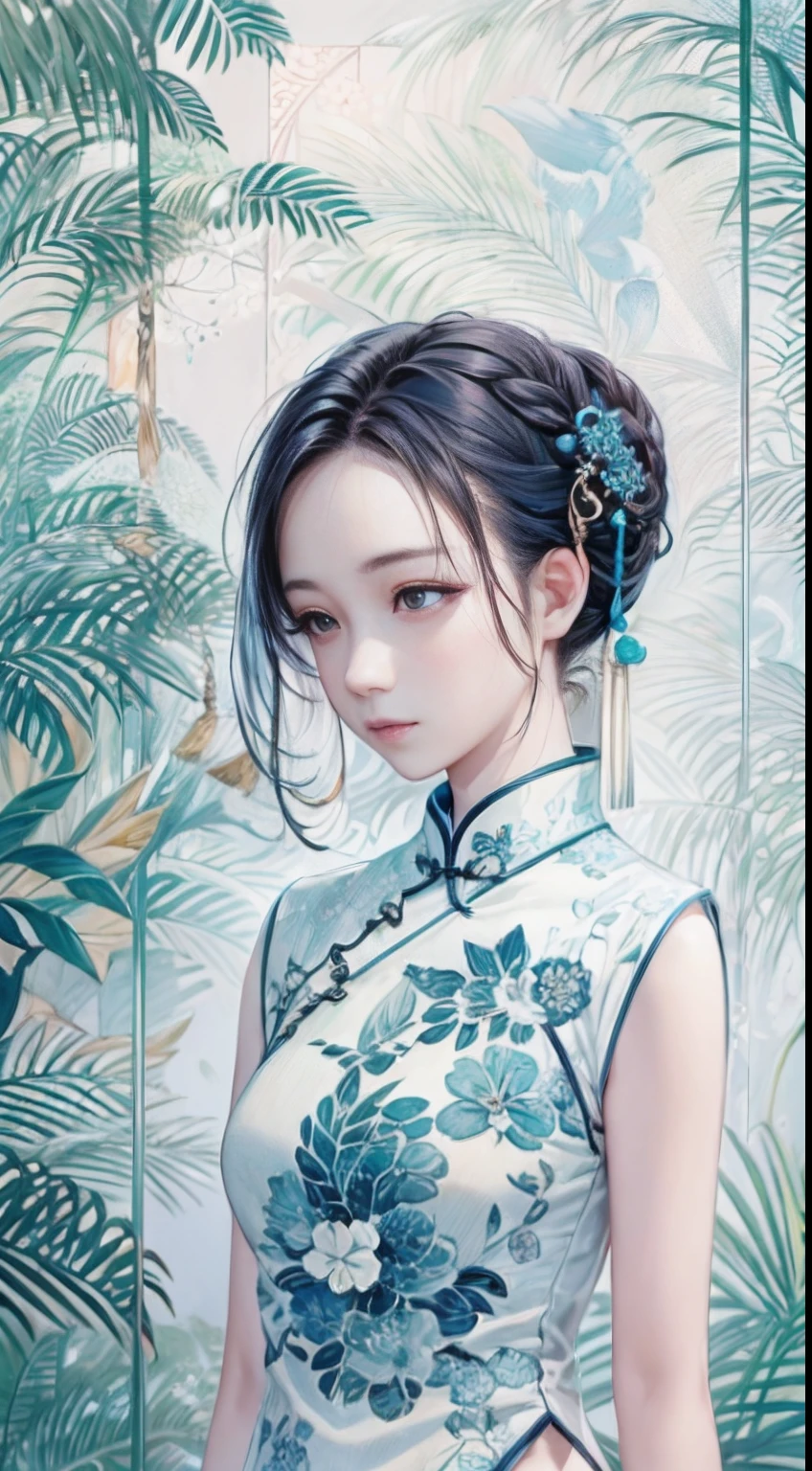 1 rapariga,on cheongsam,anatomy correct, Long hair,Blue and white porcelain,Delicate pattern,Oriental elements,Ink painting style, Clean colors,White background, Soft lighting, ( Bokeh),Masterpiece, Super detailed, Epic composition, Highest quality, 4K,