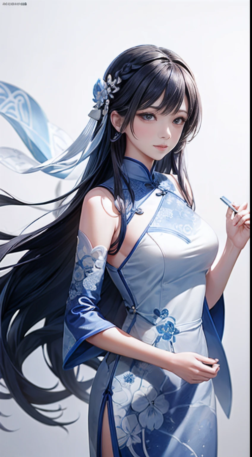 1 rapariga,on cheongsam,anatomy correct, Long hair,Blue and white porcelain,Delicate pattern,Oriental elements,Ink painting style, Clean colors,White background, Soft lighting, ( Bokeh),Masterpiece, Super detailed, Epic composition, Highest quality, 4K,