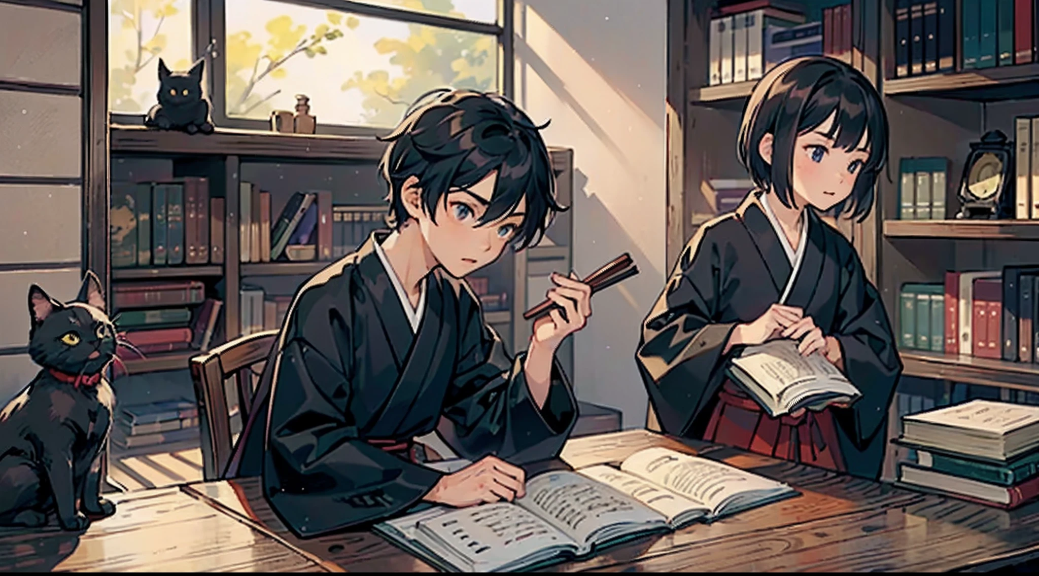#Quality (intricate-detail、ultra-detailliert:1.2),
#night sky (darkness of night,no light),
#one writing boy (16 male、writer,Honor Students、A dark-haired、short-hair、hakama,sit flat),
#black room at night (no light,black cat,books on desk,one candle,pretty tatami,a lot of books,bookshelf)