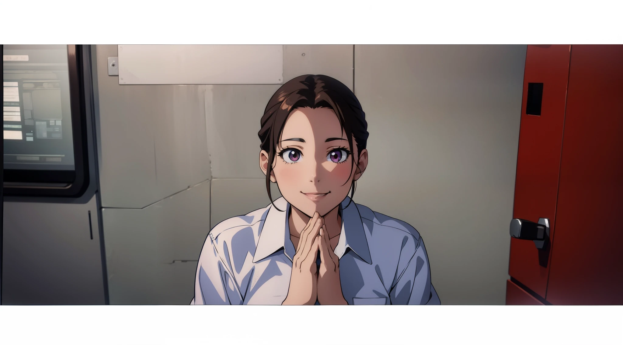 Anime scene, cute highschool girl, press the hands together, smile