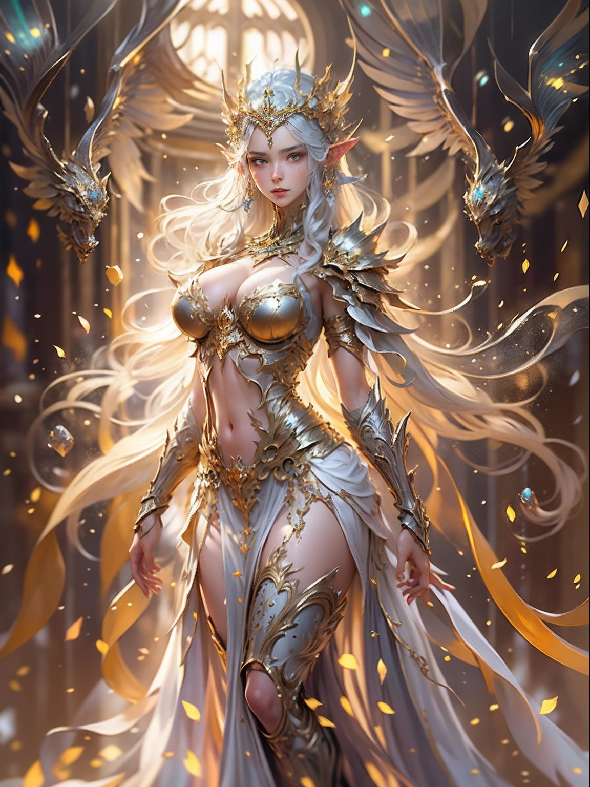 Elven Woman in a golden transparent dress,view the viewer,(((Huge breasts, Large cleavage))),Slim waist,(navel baring,Bare waist), Long hair, Ultra-detailed details,High-end Zhenyi station, Rainstorm site, detailed fantasy art, Stunning character art, Beautiful and exquisite character art, Beautiful gold and silver armor, Extremely detailed, Elven girl in shiny armor, Exquisite tiaras and jewelry,Crystal jewelry filigree, milky ways, Stunning visuals, (dynamic streaks, light tracks:1.2), Vibrant colors.