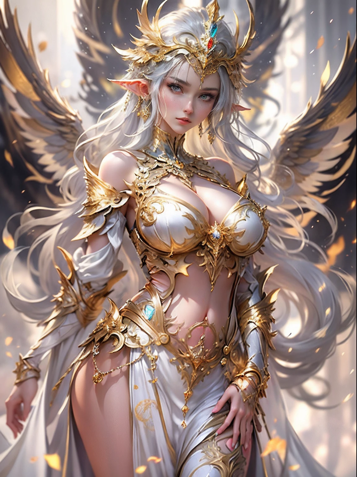 Elven Woman in a golden transparent dress,view the viewer,(((Huge breasts, Large cleavage))),Slim waist,(navel baring,Bare waist), Long hair, Ultra-detailed details,High-end Zhenyi station, Rainstorm site, detailed fantasy art, Stunning character art, Beautiful and exquisite character art, Beautiful gold and silver armor, Extremely detailed, Elven girl in shiny armor, Exquisite tiaras and jewelry,Crystal jewelry filigree, milky ways, Stunning visuals, (dynamic streaks, light tracks:1.2), Vibrant colors.