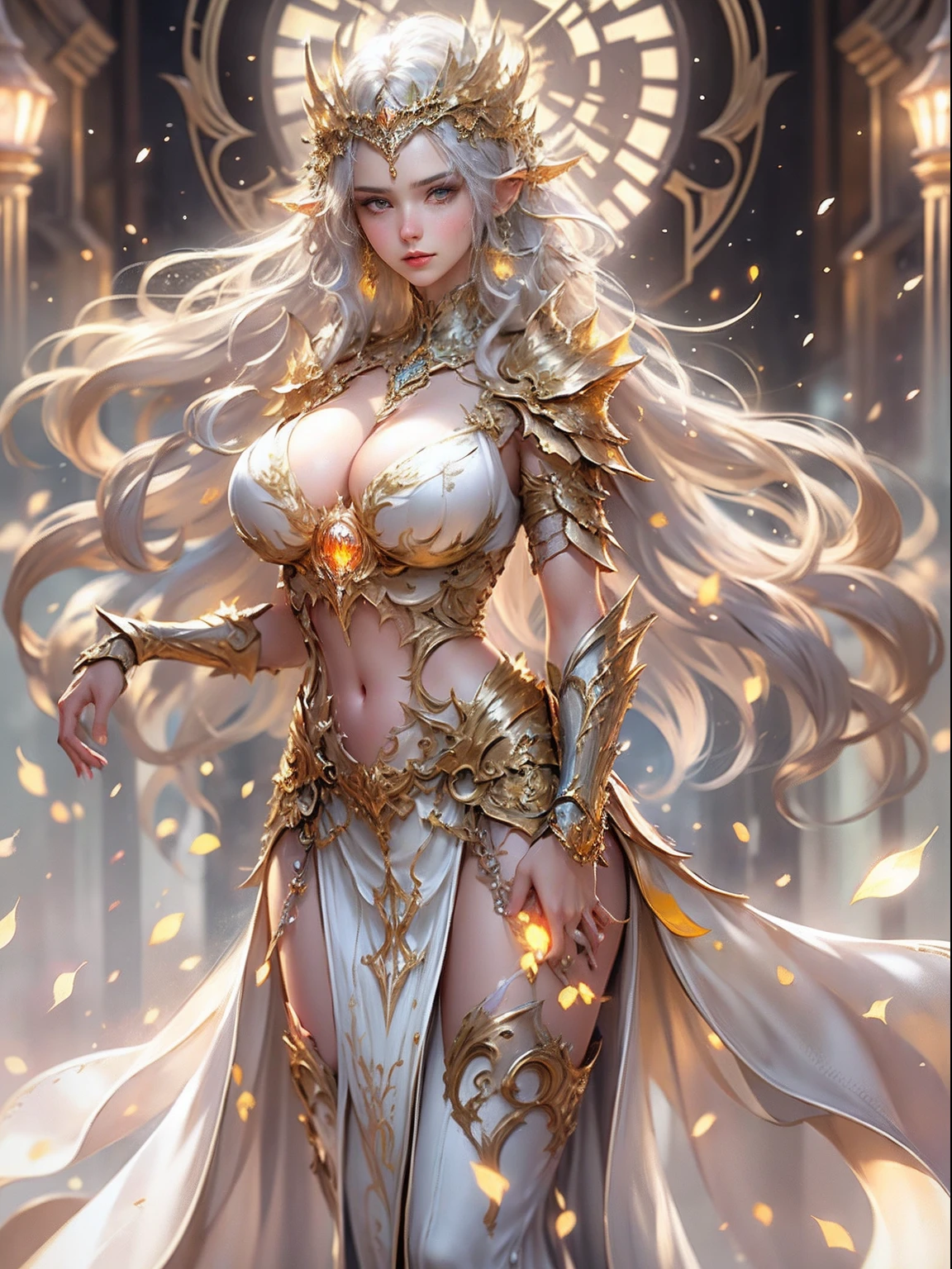 Elven Woman in a golden transparent dress,view the viewer,(((Huge breasts, Large cleavage))),Slim waist,(navel baring,Bare waist), Long hair, Ultra-detailed details,High-end Zhenyi station, Rainstorm site, detailed fantasy art, Stunning character art, Beautiful and exquisite character art, Beautiful gold and silver armor, Extremely detailed, Elven girl in shiny armor, Exquisite tiaras and jewelry,Crystal jewelry filigree, milky ways, Stunning visuals, (dynamic streaks, light tracks:1.2), Vibrant colors.