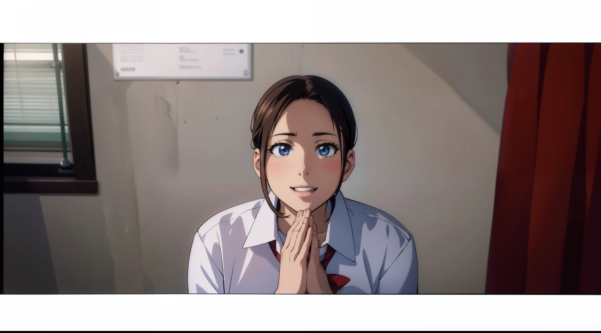 Anime scene, cute highschool girl, putting hands together, happy face