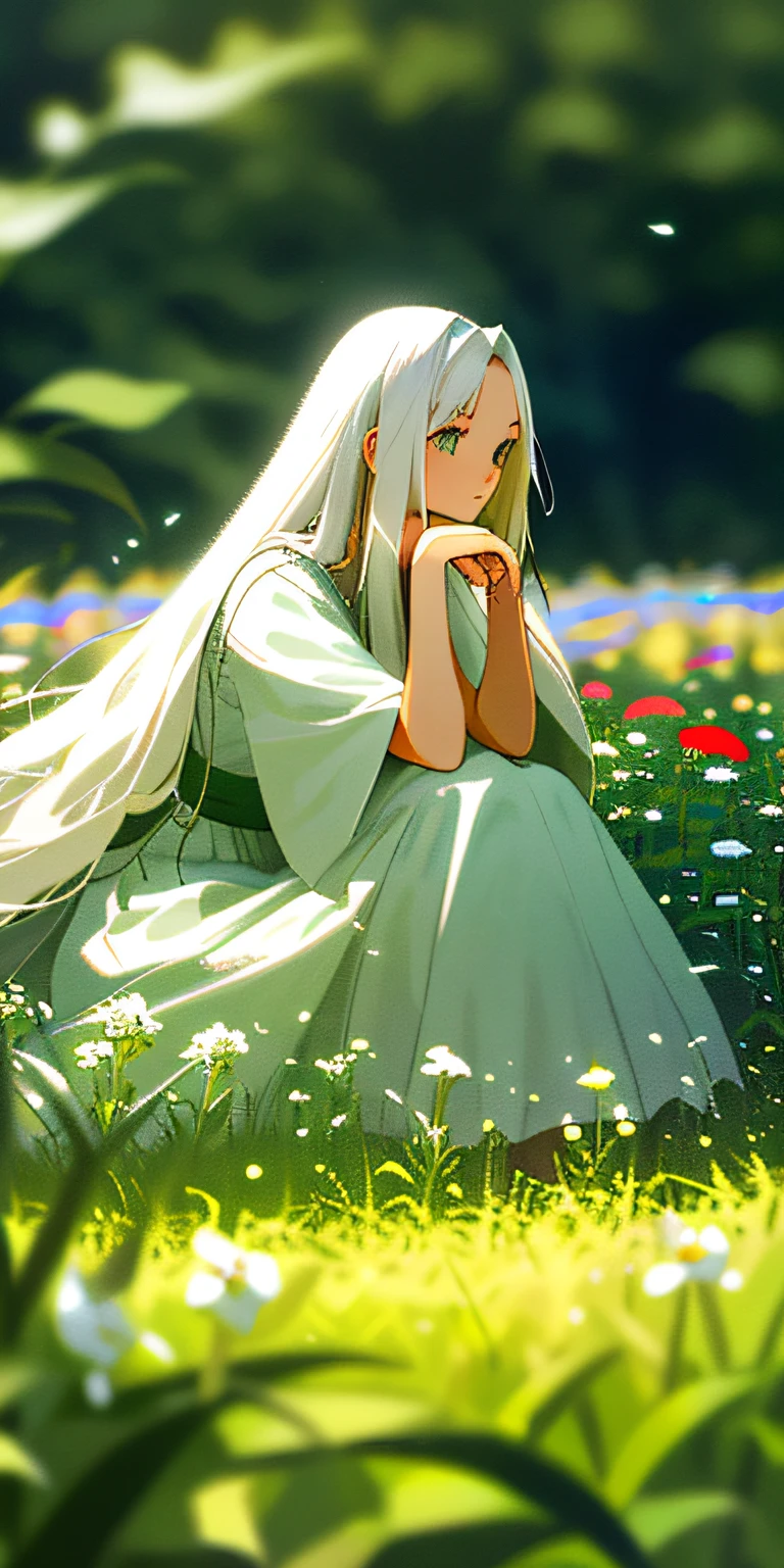 (masterpiece, best quality),1girl with long white hair sitting in a field of green plants and flowers, her hand under her chin, warm lighting, white dress, blurry foreground