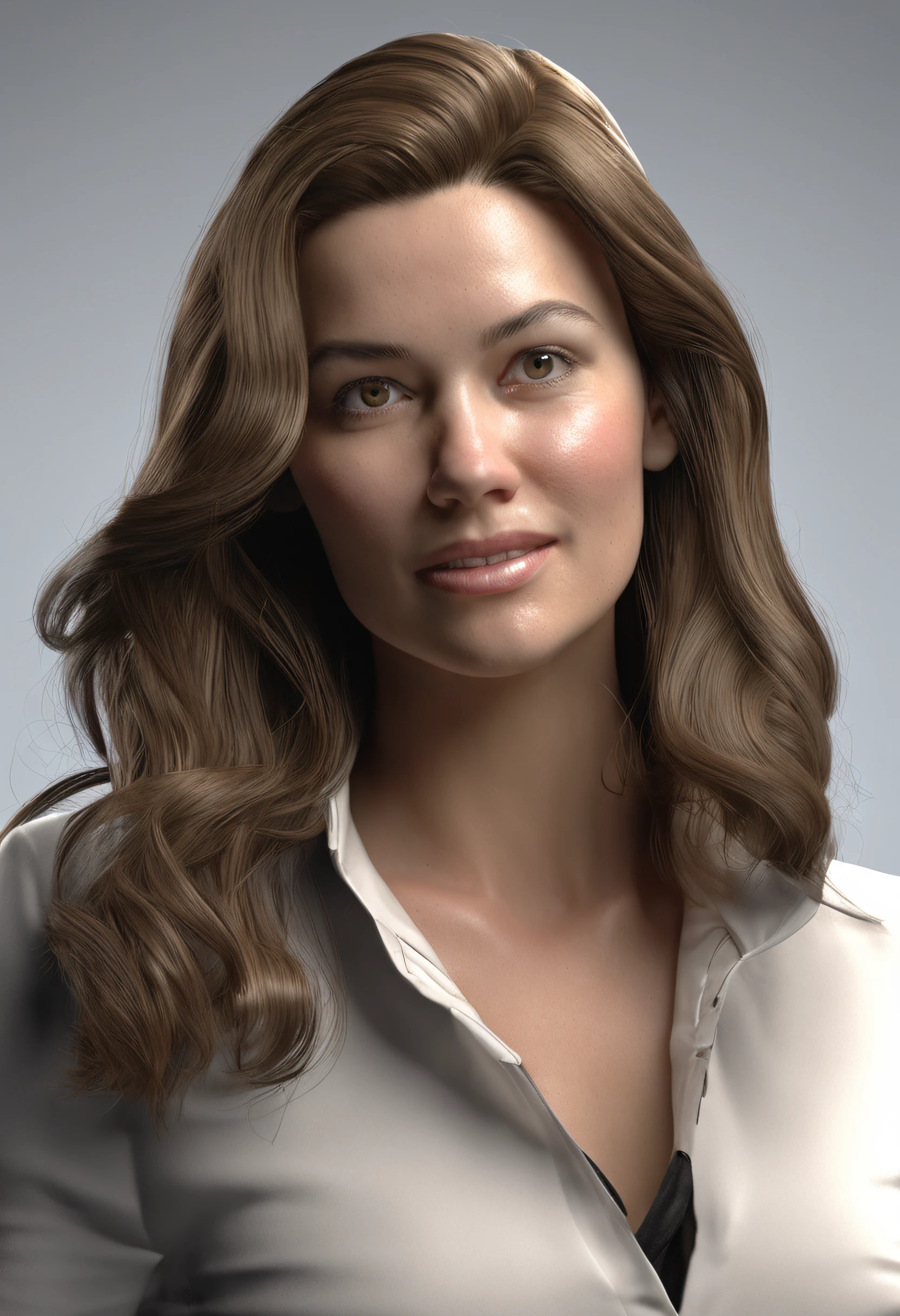 Generate a hyper-realistic, high-resolution (4K or higher) portrait and full-body image of a human. The subject should be a female in her late 20s, with medium-length wavy brunette hair, emerald green eyes, and a light olive skin tone. She should be dressed in casual smart attire, consisting of a white blouse, black tailored trousers, and polished black shoes. She should be positioned in a well-lit, natural light setting with a blurred background to focus on the subject. The lighting should be soft but directional, coming from a 45-degree angle to create a Rembrandt lighting effect on her face. Her expression should be confident and engaging, with a genuine smile that shows her teeth slightly. The style should be photorealistic to the point that the generated image should be indistinguishable from a high-quality photograph. Please pay close attention to textures and fine details such as skin pores, individual strands of hair, and the fabric of her clothes. The image should look as if it was taken by a high-end DSLR camera with a prime lens.
