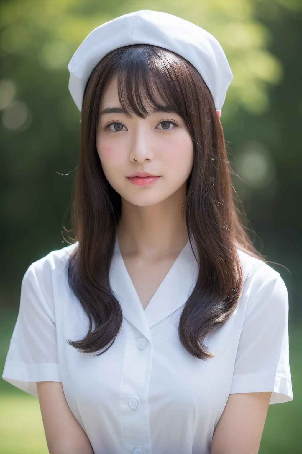 (top-quality、8K、32K、​masterpiece、nffsw:1.2)、Photo of a cute Japanese woman、女の子 1 人、(Medium short dark brown hair)、(Colossal tits)、二重まぶた、White nurse uniform、Little White Nurse (caps) 、White shirt、open-shirt、full body Esbian、A sexy、full bodyesbian