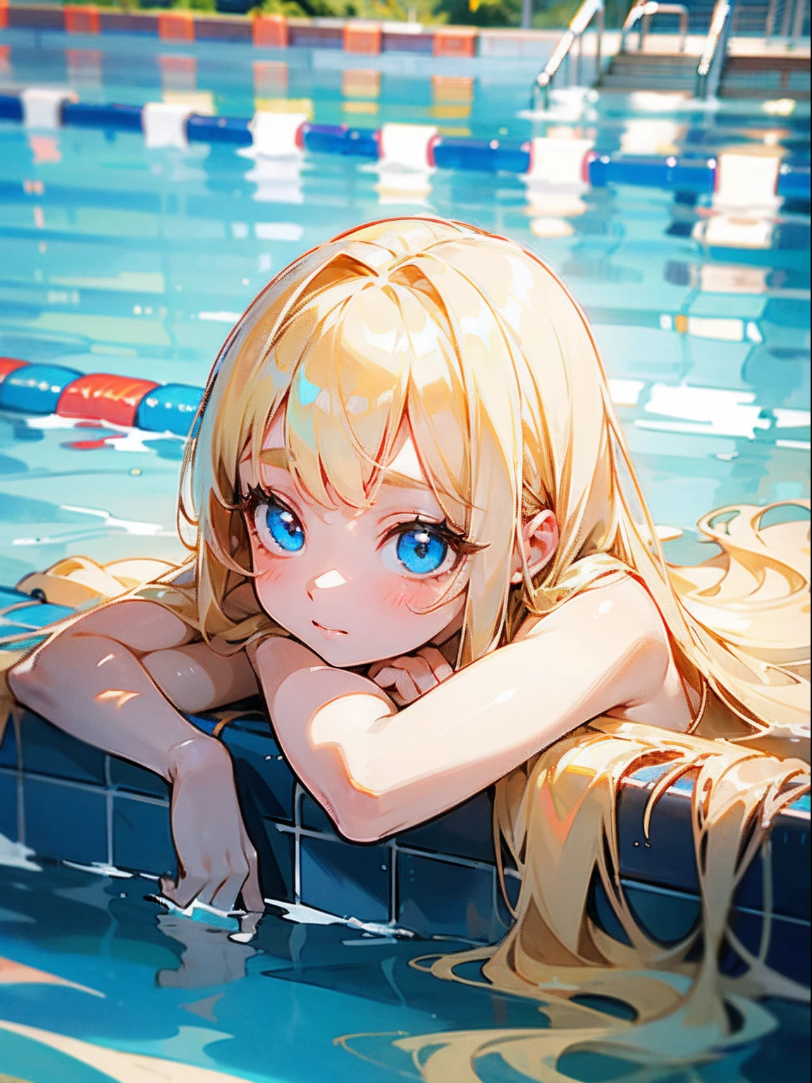 bright expression、photorealisim、top-quality、超A high resolution、a picture、Exquisitely beautiful Nordic girl photo、Detailed cute and beautiful face、(pureerosface_v1:0.008)、Beautiful bangs、alice in the wonderland、14years、Glowing white shiny skin、facial hairs、Bangs that extend to the face、bangss、Hair between the eyes、Super long hair、Attractive bright natural blonde super long straight silky hair、finer hair、Attractive glowing beautiful bright clear light blue big eyes、School swim wear、eye liner、Double eyelids、ample breasts、school swimming pool、in poolside、
