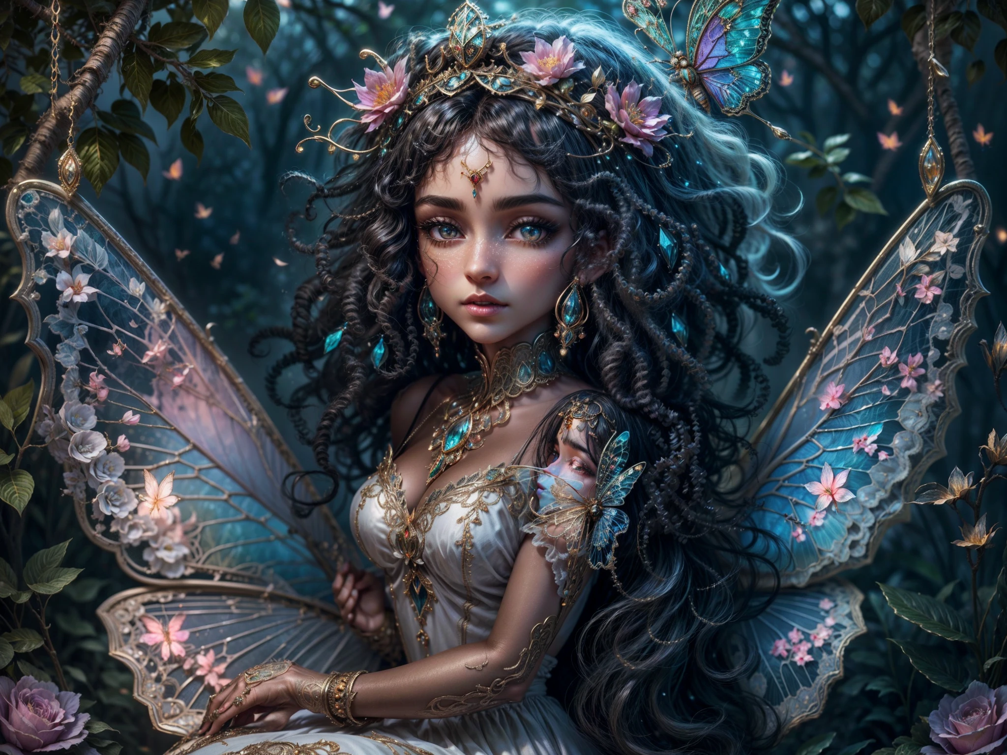 This is a realistic fantasy masterpiece with lots of shimmer, glitter, and intricate ornate detail. Generate one ite woman with a beautiful and delicate crown sitting on a garden swing at night. She is a beautiful and seductive butterfly queen with stunning curly black hair, (((incredibly realistic and detailed dynamic eyes in bright colors with realistic shading))).  Her skin is translucent white, her eyes sparkle, and her dress is elegant. Her dress is spun of the finest gossamer silk with delicate, intricate, and subtle floral detailing and gold silk butterfly sleeves. Her face is lovely and lonely. Include glow-in-the-dark flowers, lots of particles, highly realistic fantasy butteflies with translucent jewel-toned wings and fine detailing, and glow. The artwork is done in the style of Guviz and brings to mind masters in the genre such as trending fantasy works on Artstation and Midjourney. Camera: Utilize dynamic composition techniques to emphasize etherealness and delicate detail.