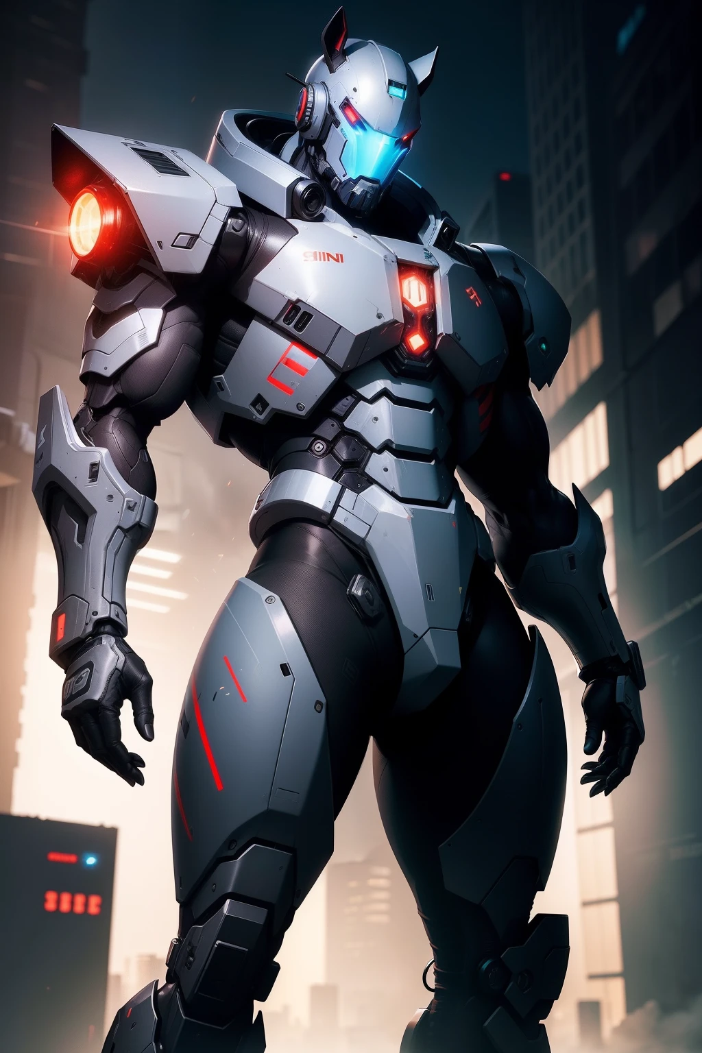 man best rino humanoid, guns and shild on hands, mech an ciberpunk style
