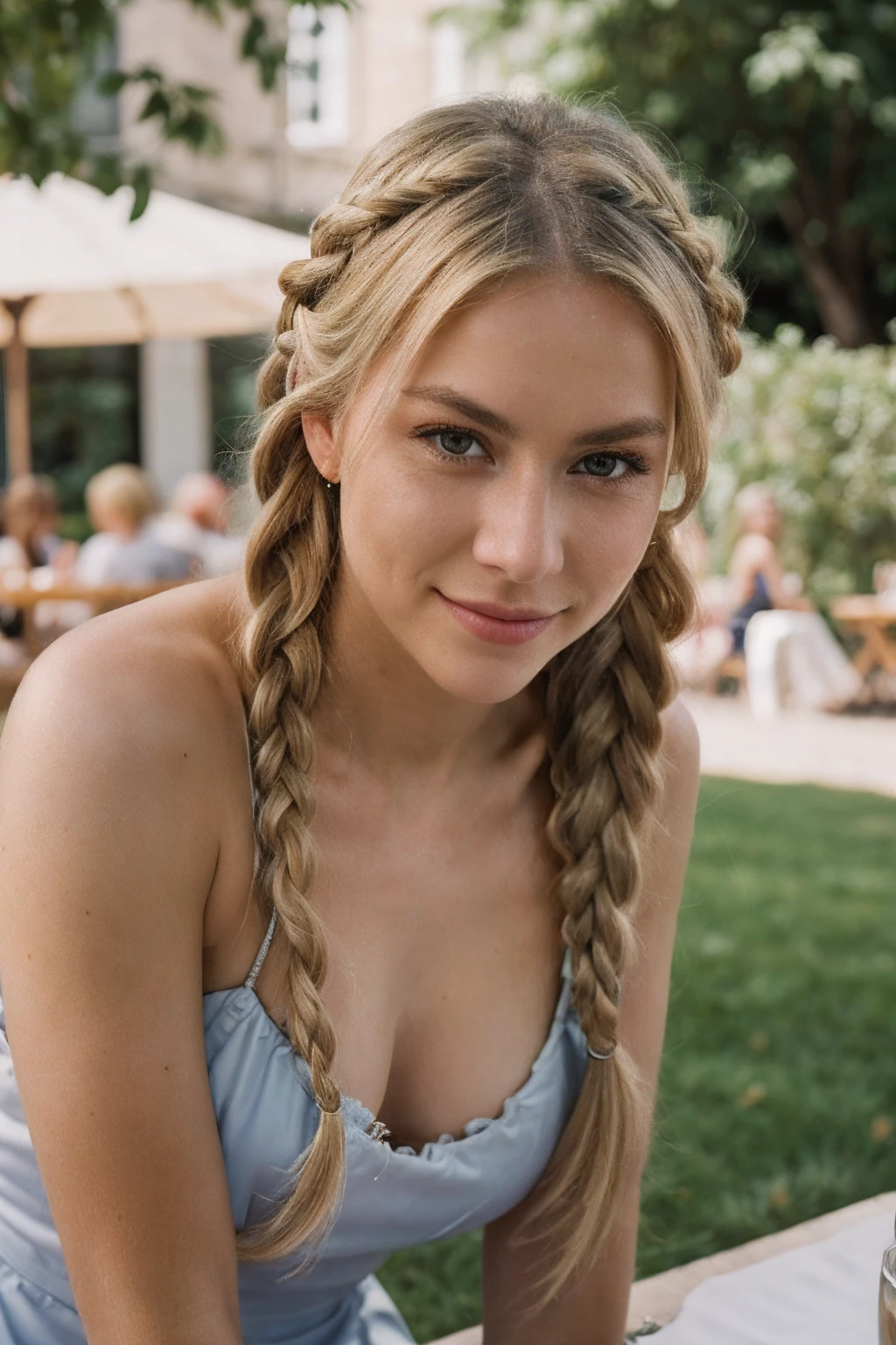 Petite 30 year old woman with light strawberryblonde hair in a braid and striking blue eyes wearing eye liner, pink lips, in a white summer dress, detailed face, cleavage, nose piercing