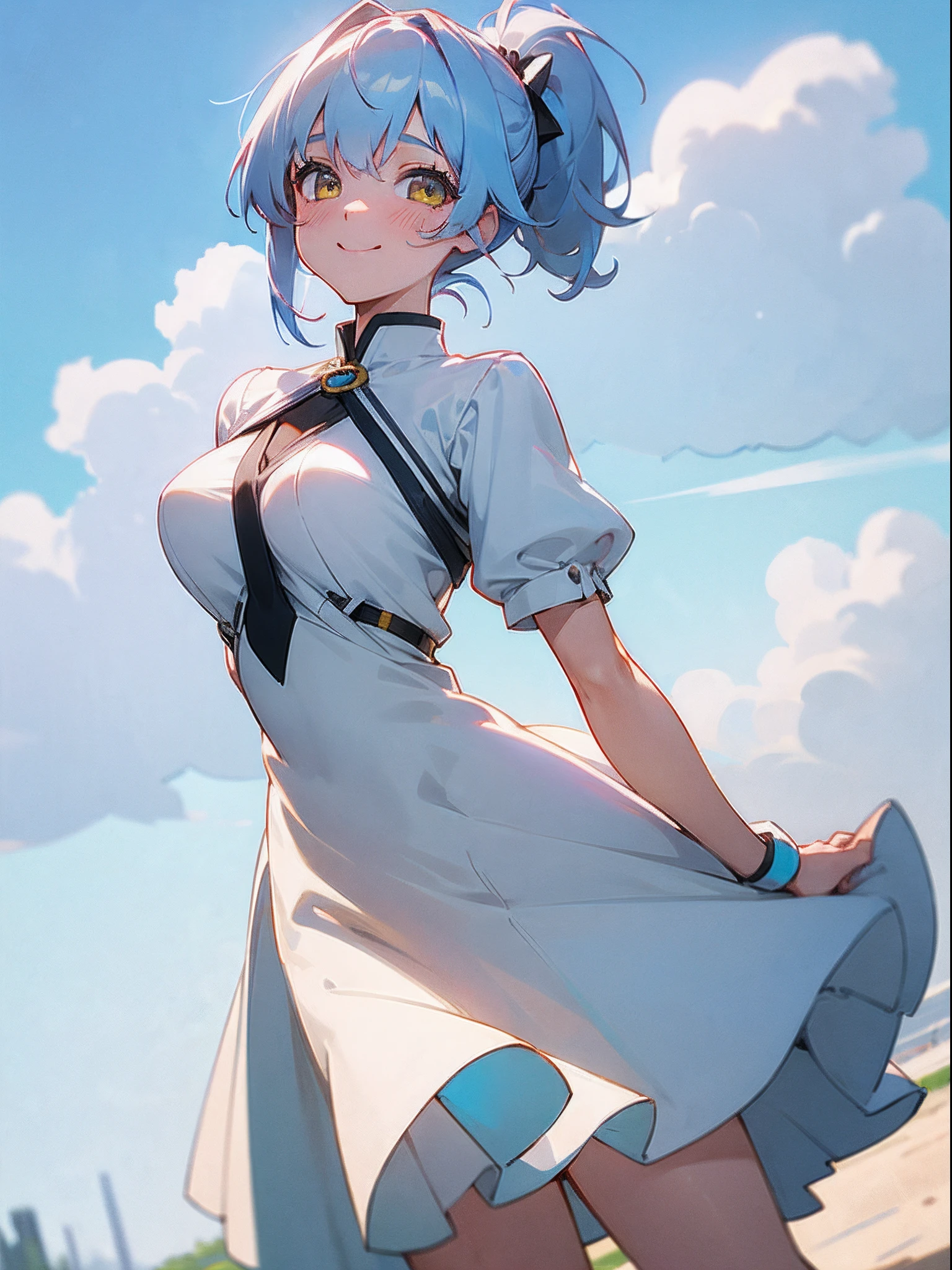 ((4K, master piece, Best Quality)), 1girl in, Light blue center part medium hair, Pony tail, Pale yellow eyes, medium breasts, beutiful breast, Pure white dress, Smile, blush, Cute, ridge, sunny mid day, Sunlight